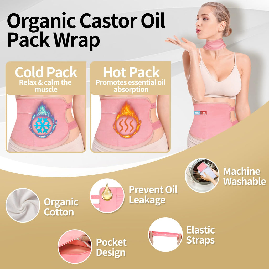 Pjordo Castor Oil Pack Wrap - Natural Cold-Pressed Oils, Reusable Cotton Pack for Abdomen, Neck, Elbows & Knees