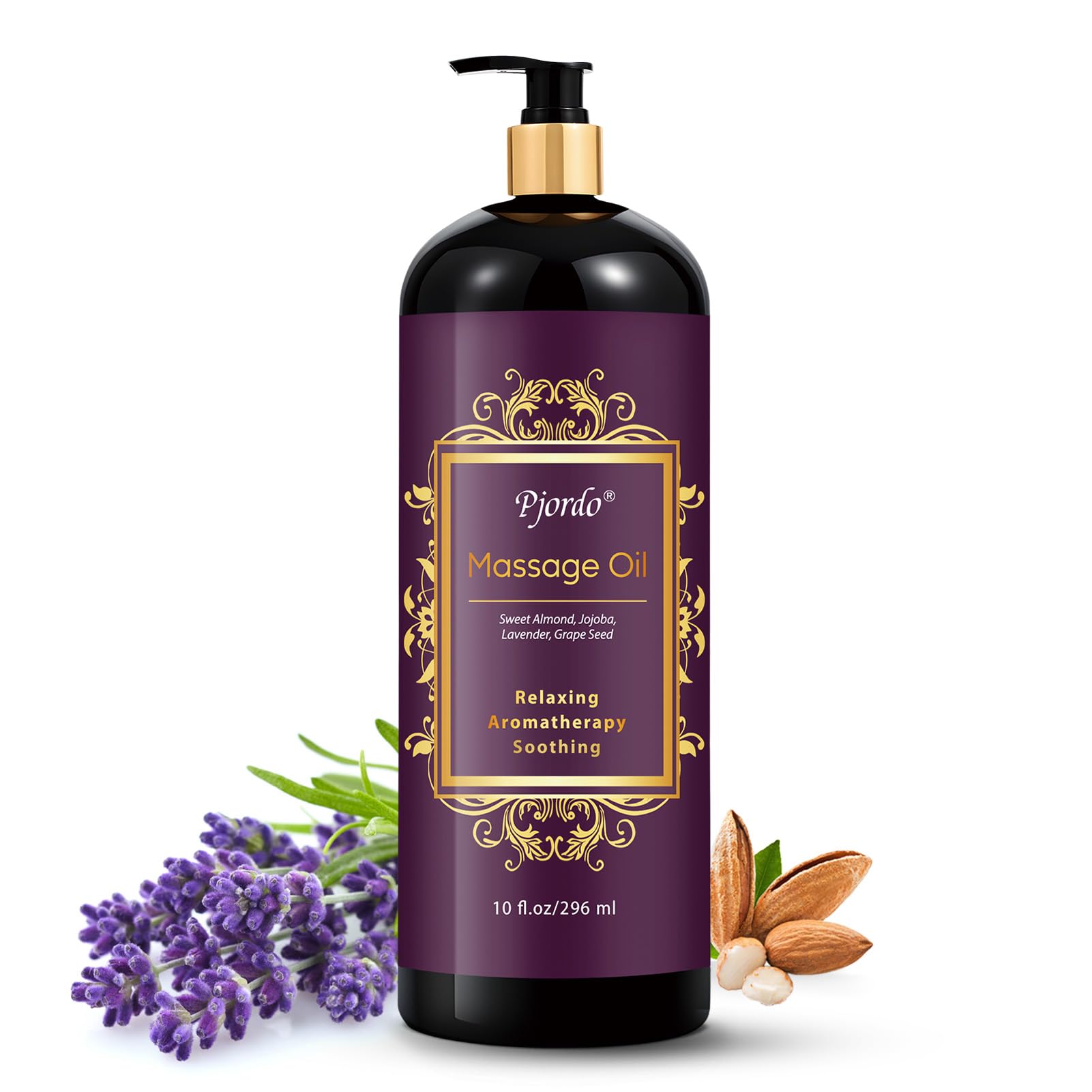 Pjordo Aromatherapy Lavender Massage Oil – 10 fl oz, Spa-Quality with Grape Seed, Sweet Almond & Jojoba