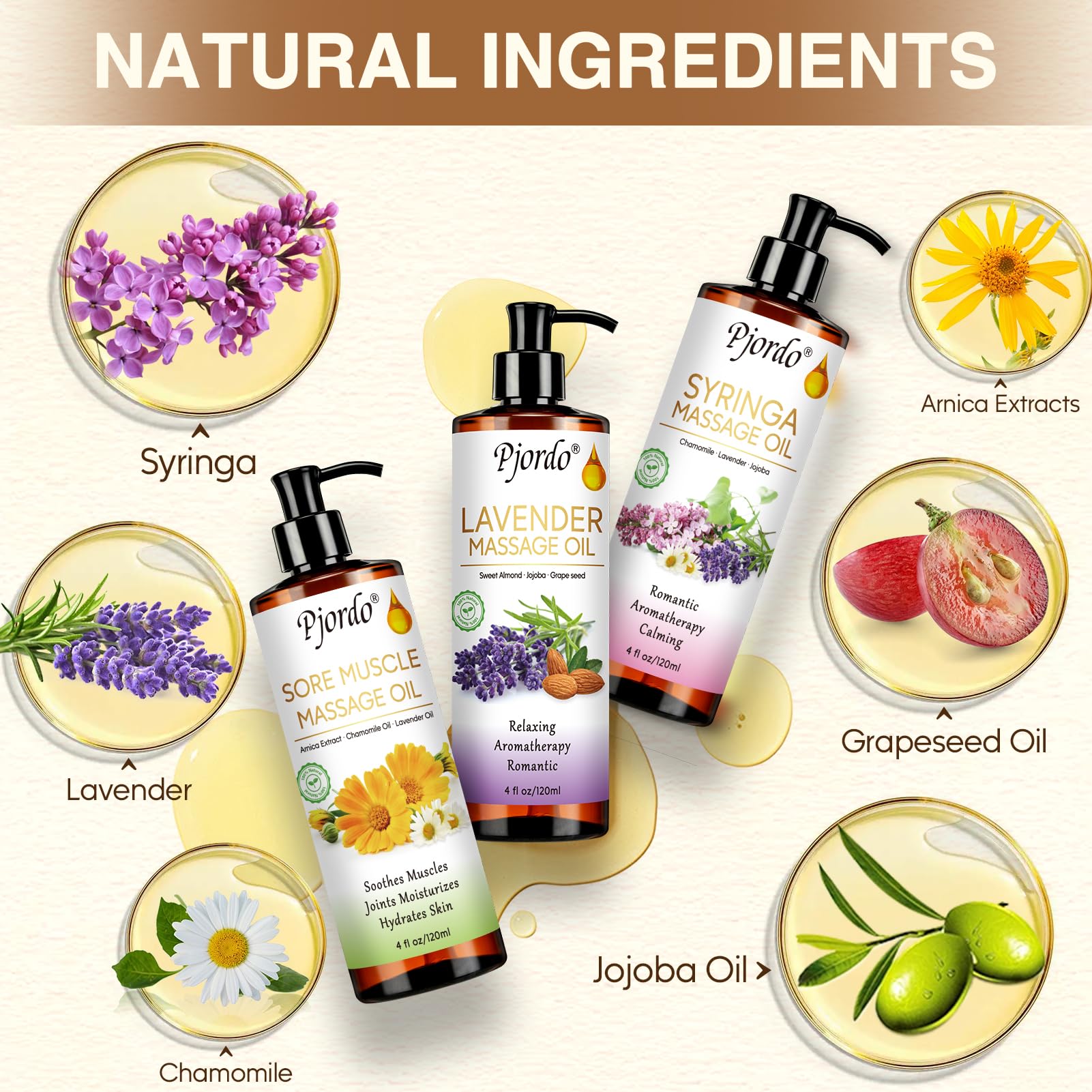 Pjordo Massage Oil Kit – Lilac, Lavender & Arnica with Roller Ball | Spa Gift Set