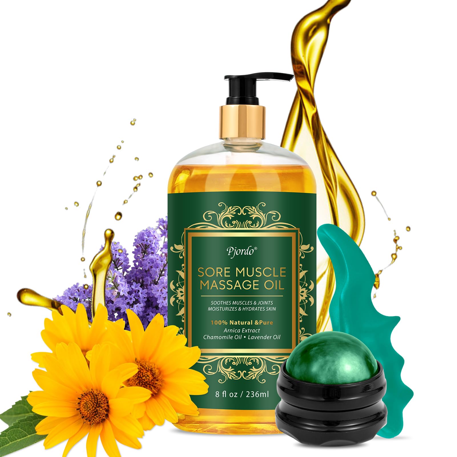Pjordo Sore Muscle Massage Oil with Roller Ball and Thumb Saver – Arnica Lavender 8 oz