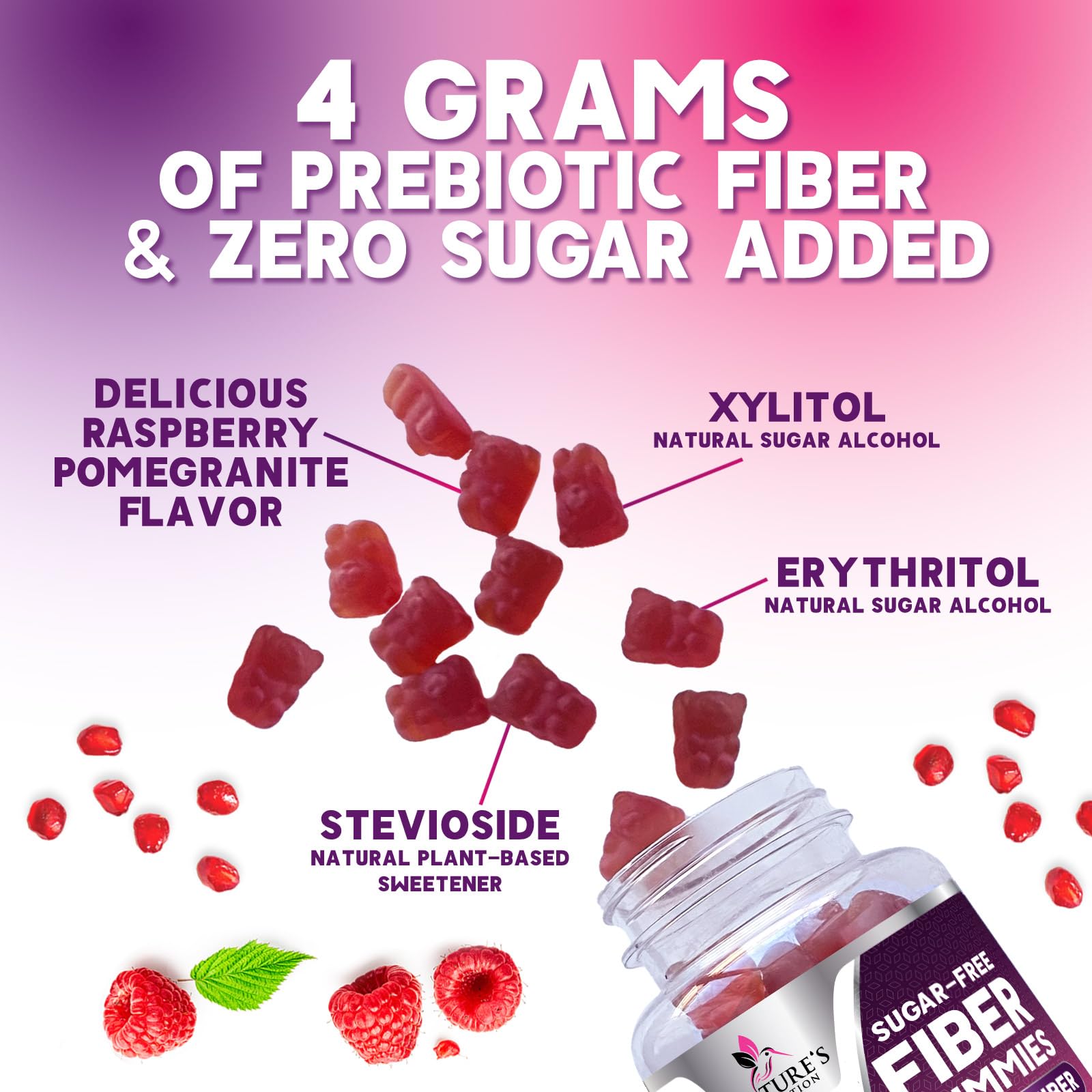 Prebiotic Fiber Gummies 4g - Sugar Free Gummy Fiber Supplement for Digestive Health & Regularity - Raspberry Flavor | Plant-Based, Non-GMO, Gluten Free - 60 Gummies