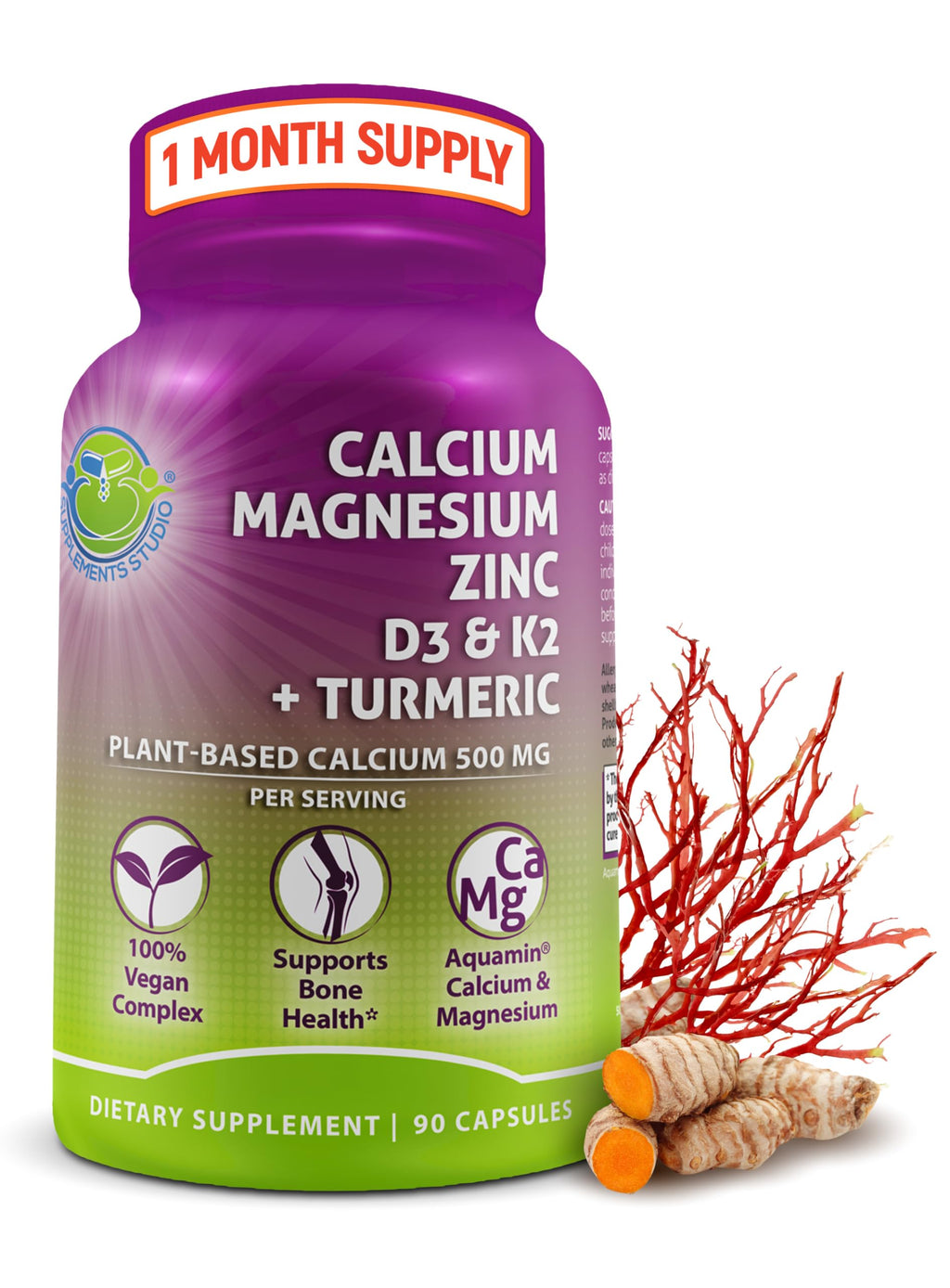 Plant-Based Calcium 500mg (Aquamin) – Vegan CaMgZnD3 + K2, Turmeric (90 ct)