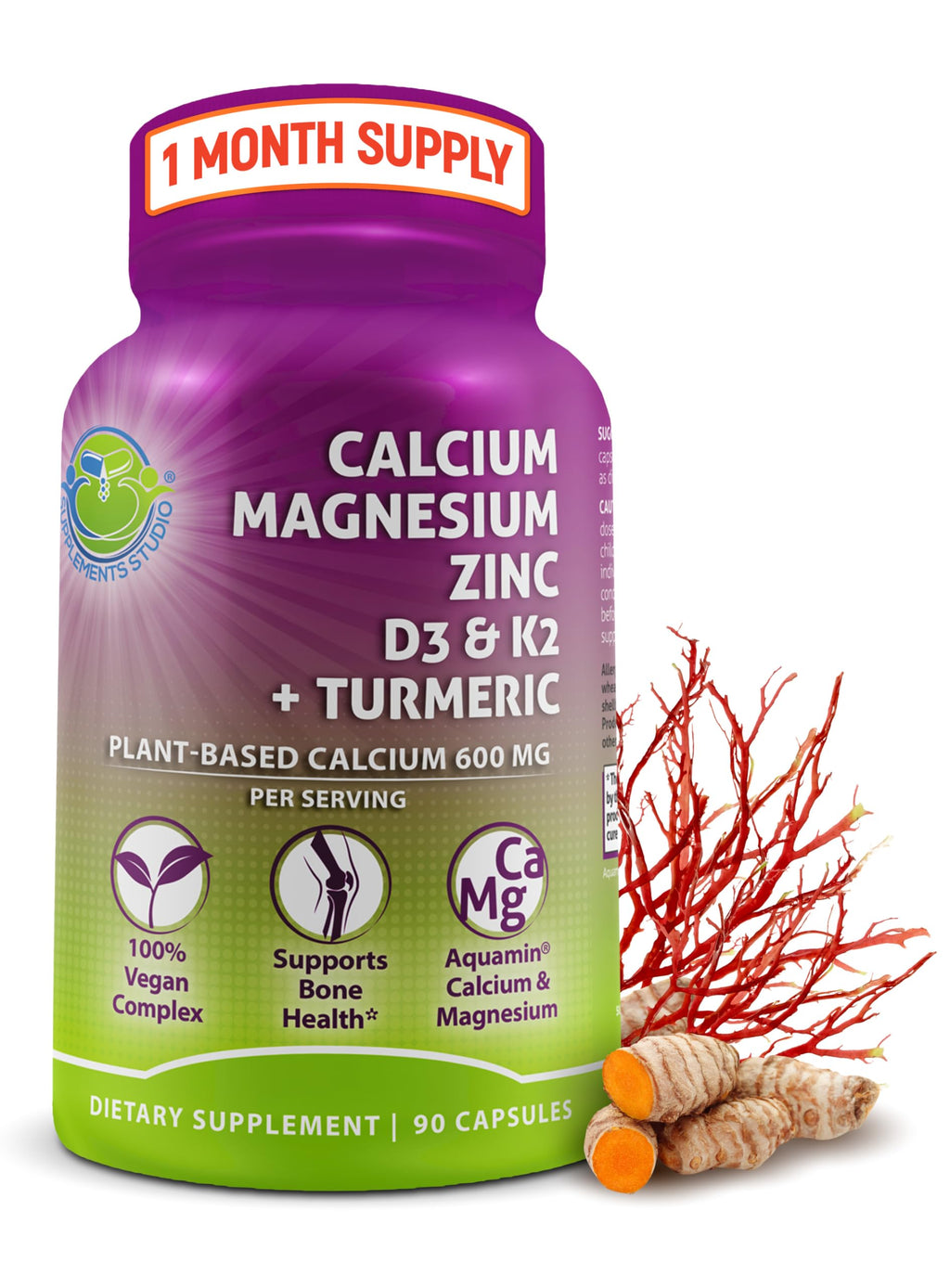 Plant-Based Calcium 600mg (Aquamin) – Vegan Calcium Magnesium Zinc D3, Vitamin K2 & Organic Turmeric – Enhanced Bone & Muscle Health (90 Count)