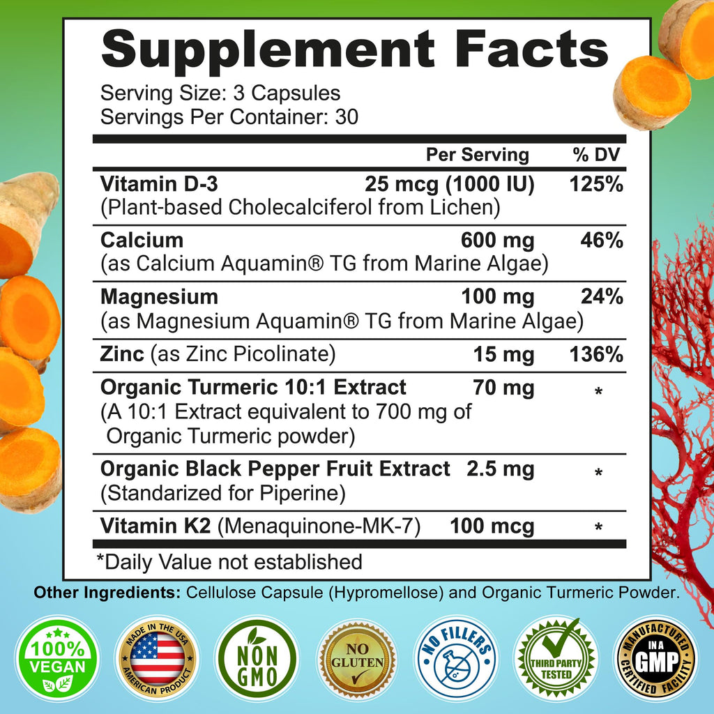 Plant-Based Calcium 600mg (Aquamin) – Vegan Calcium Magnesium Zinc D3, Vitamin K2 & Organic Turmeric – Enhanced Bone & Muscle Health (90 Count)