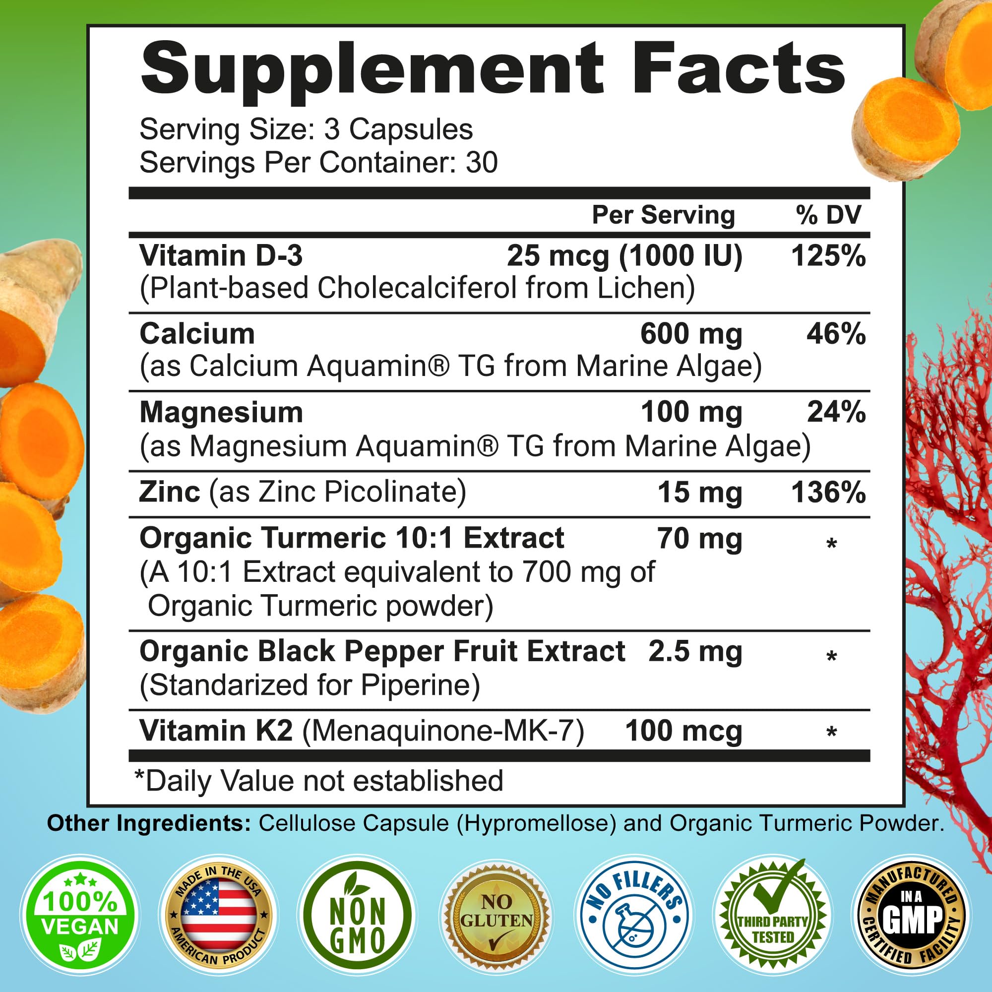 Plant-Based Calcium 600mg (Aquamin) – Vegan Calcium Magnesium Zinc D3, Vitamin K2 & Organic Turmeric – Enhanced Bone & Muscle Health (90 Count)