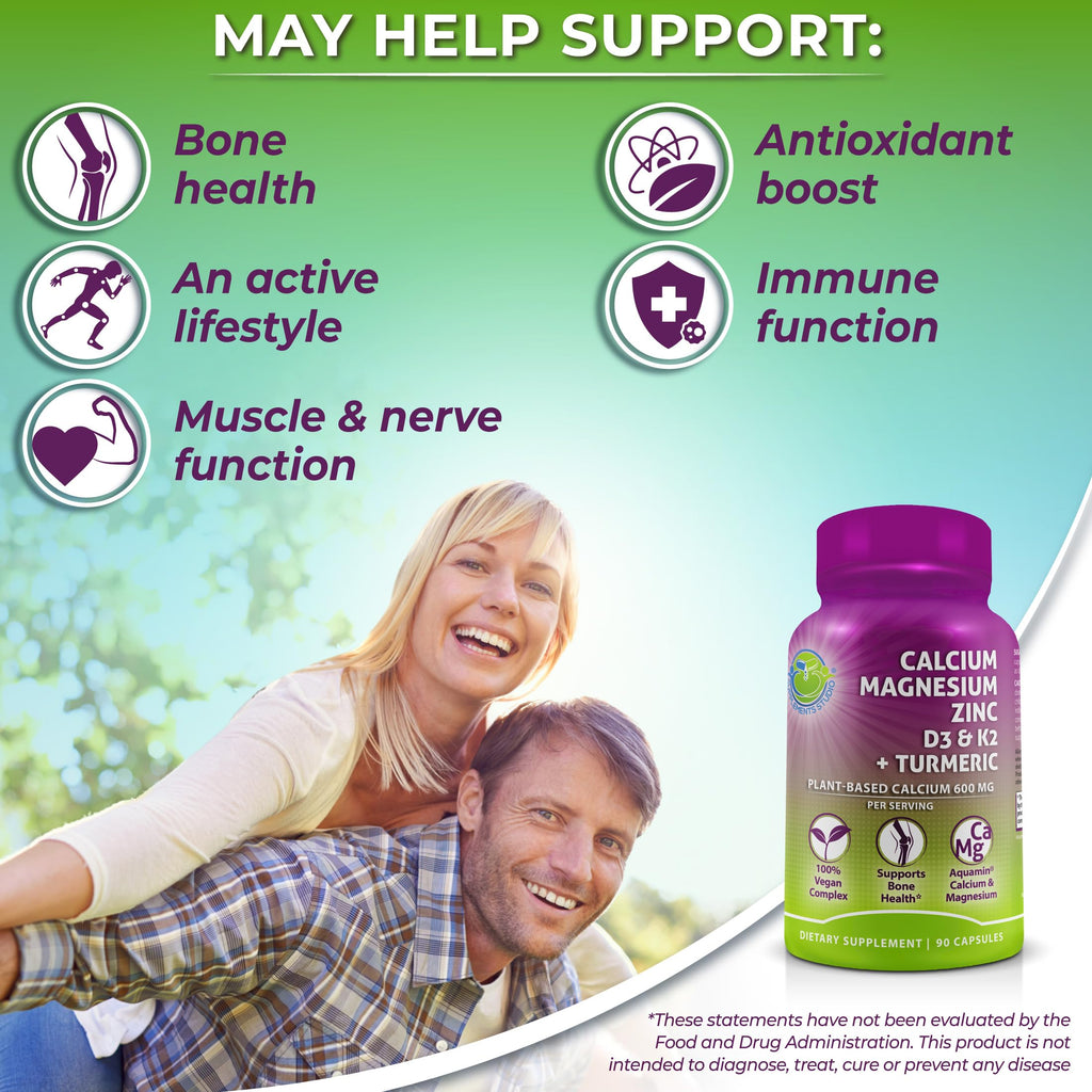 Plant-Based Calcium 600mg (Aquamin) – Vegan Calcium Magnesium Zinc D3, Vitamin K2 & Organic Turmeric – Enhanced Bone & Muscle Health (90 Count)
