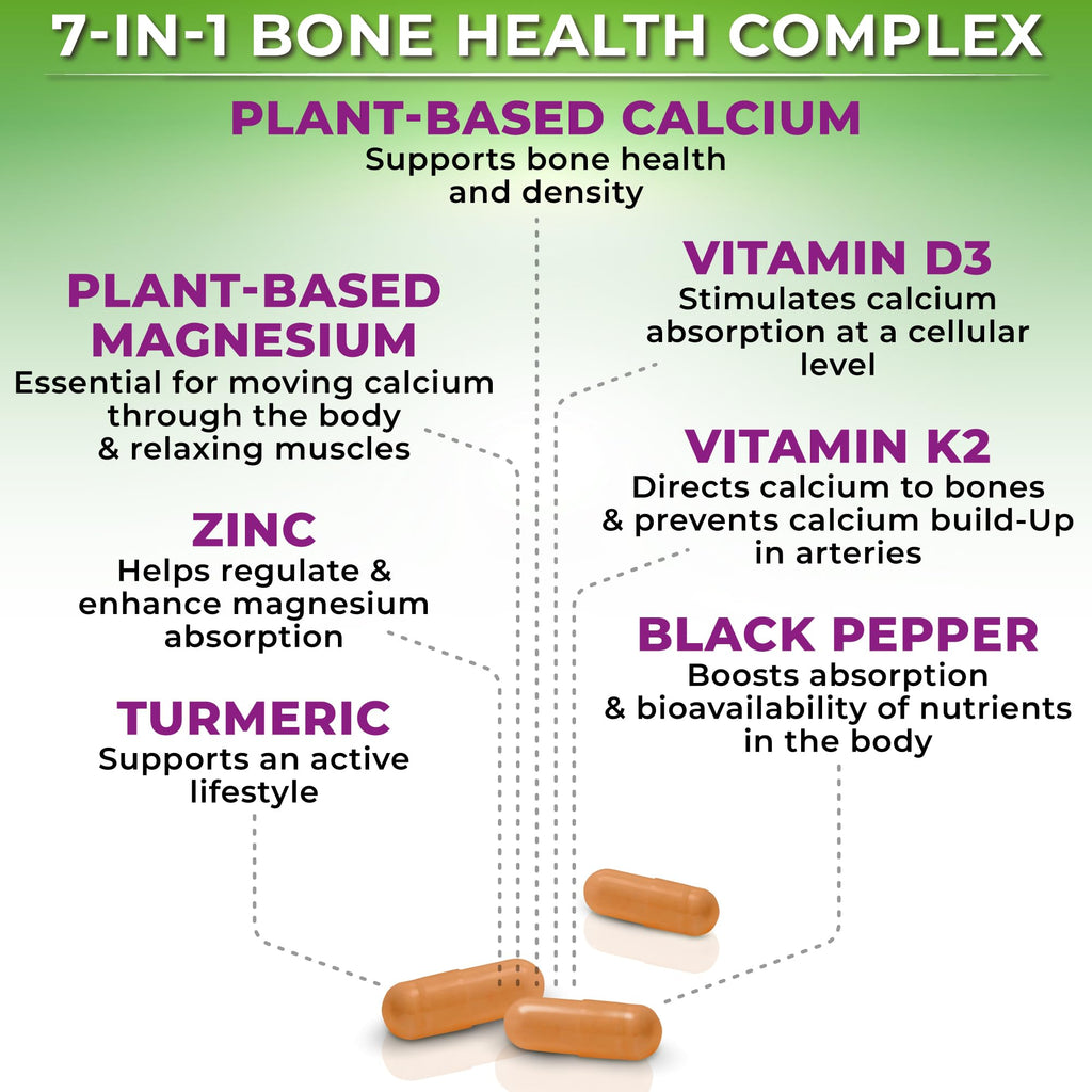 Plant-Based Calcium 600mg (Aquamin) – Vegan Calcium Magnesium Zinc D3, Vitamin K2 & Organic Turmeric – Enhanced Bone & Muscle Health (90 Count)