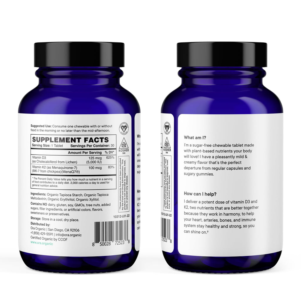 Ora Organic Vitamin D3 5000IU + K2 – Vegan D3 from Lichen, K2 from Chickpeas | 30 Chewable Tablets