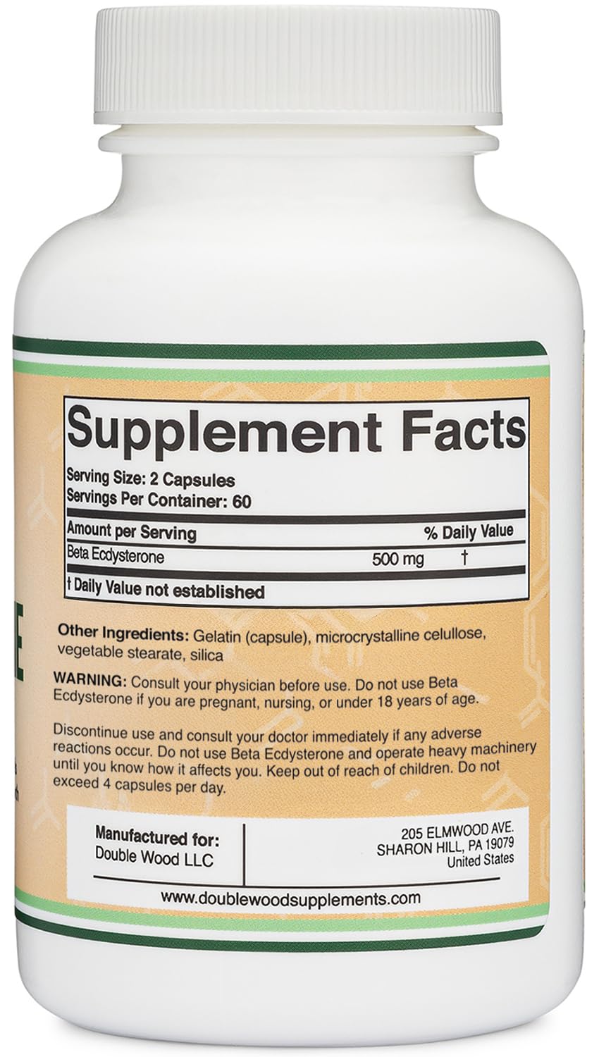 Double Wood Beta Ecdysterone Supplement - 500mg per Serving, 60 Servings, Non-GMO & Gluten Free