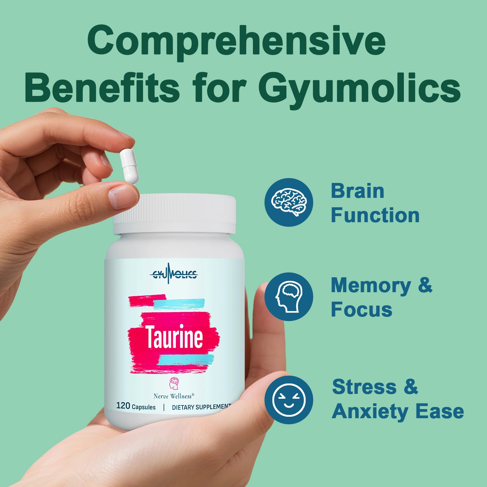 Gyumolics Taurine 2000mg – 5-in-1 Plant-Based Amino Acid Supplement (L-Theanine, Myo-Inositol, B6 & B12)