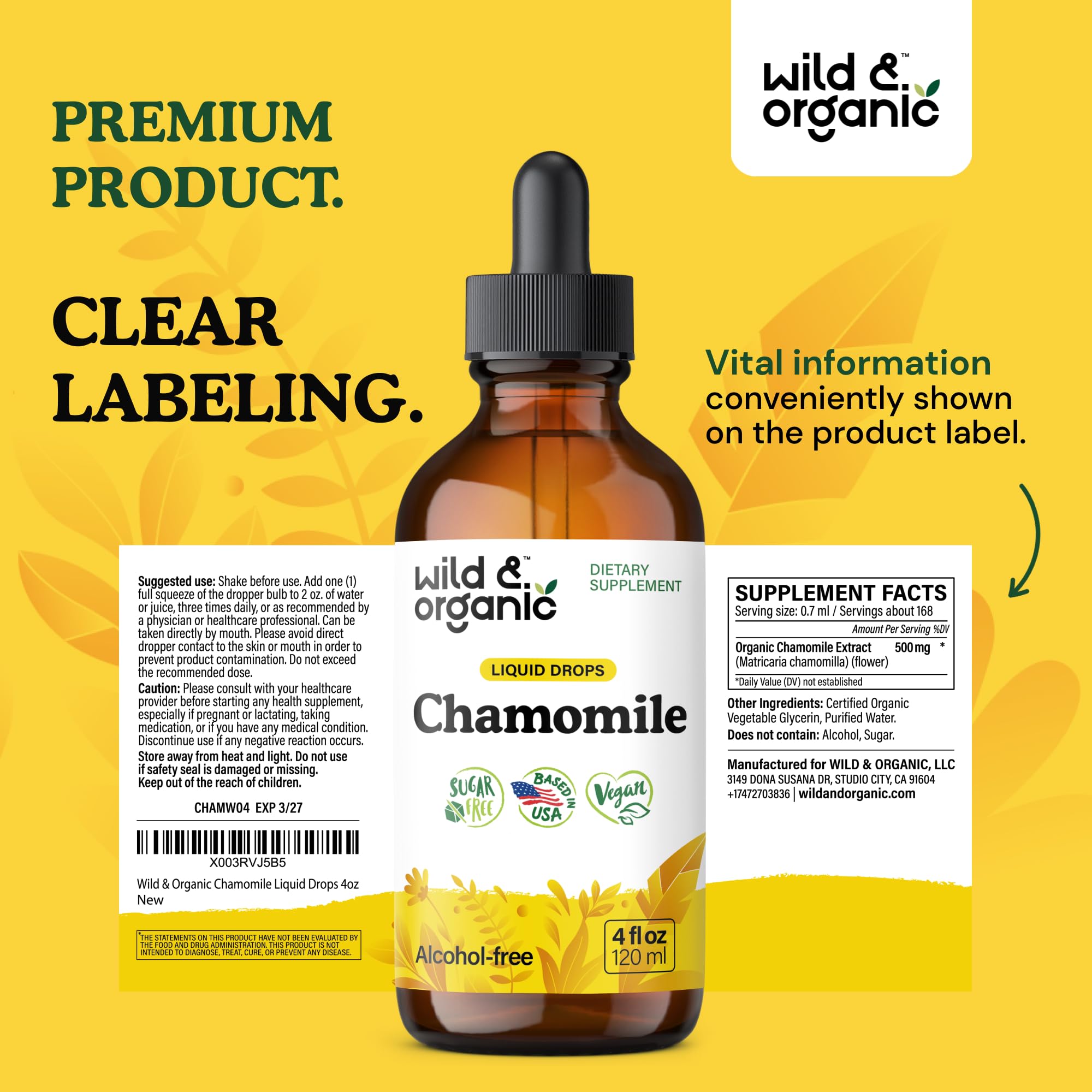 Wild & Organic Chamomile Tincture – Calming Relaxation, Vegan & Alcohol-Free | 4 oz