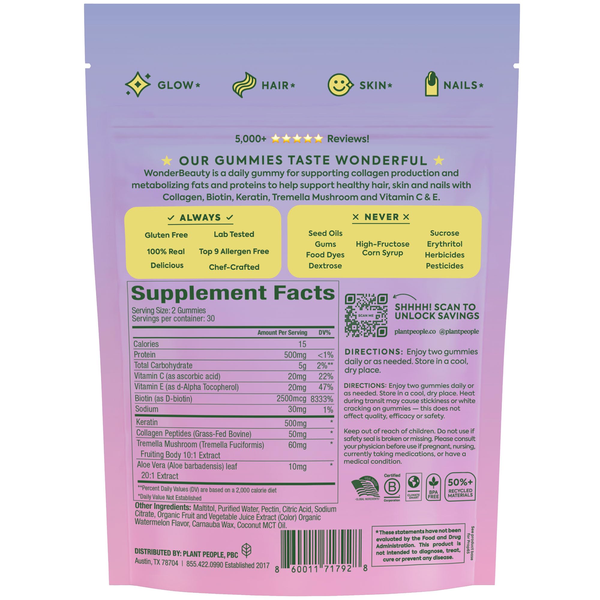 Plant People WonderBeauty Gummies for Hair, Skin & Nails – Tremella, Marine Collagen, Keratin & Biotin | Watermelon, 60 Gummies