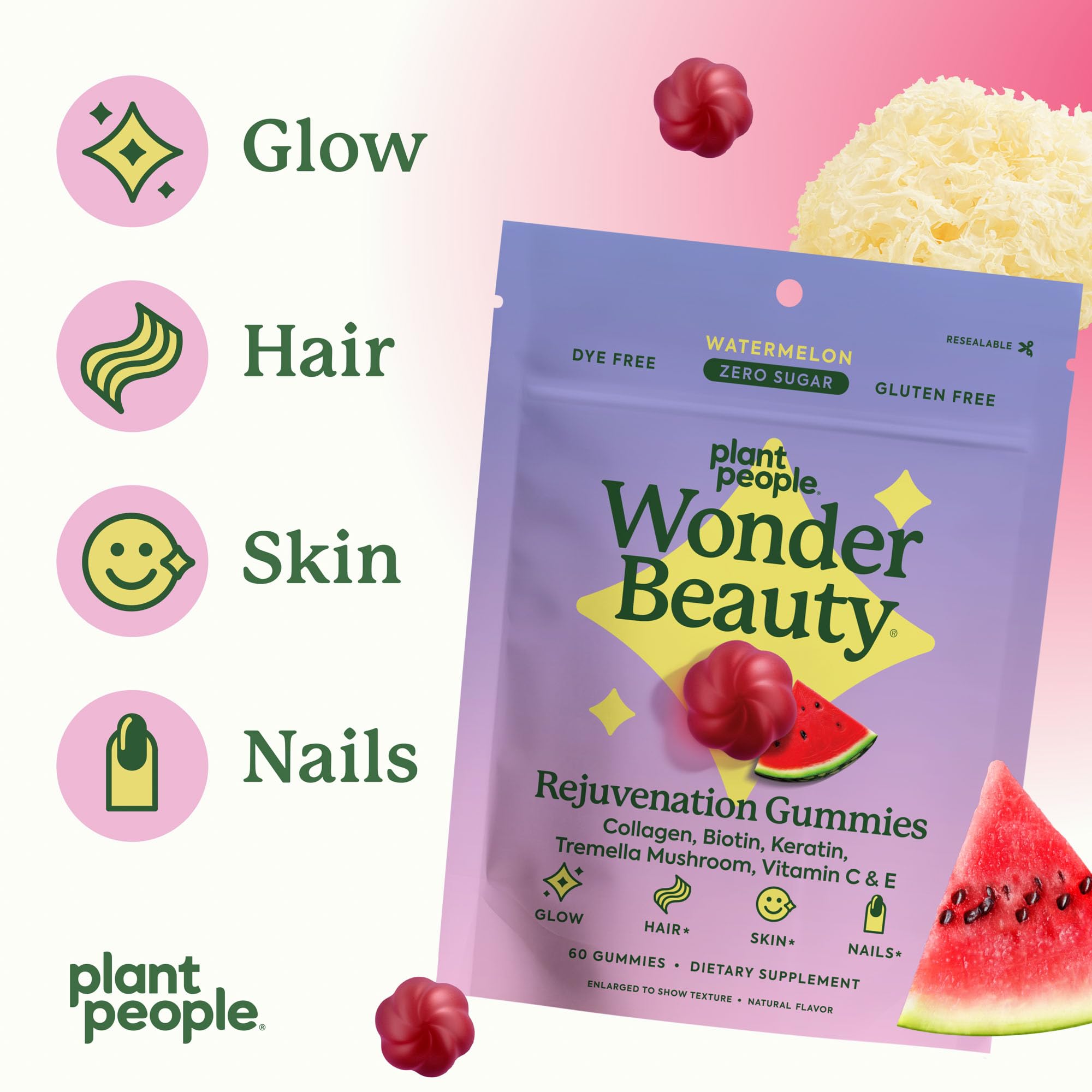 Plant People WonderBeauty Gummies for Hair, Skin & Nails – Tremella, Marine Collagen, Keratin & Biotin | Watermelon, 60 Gummies