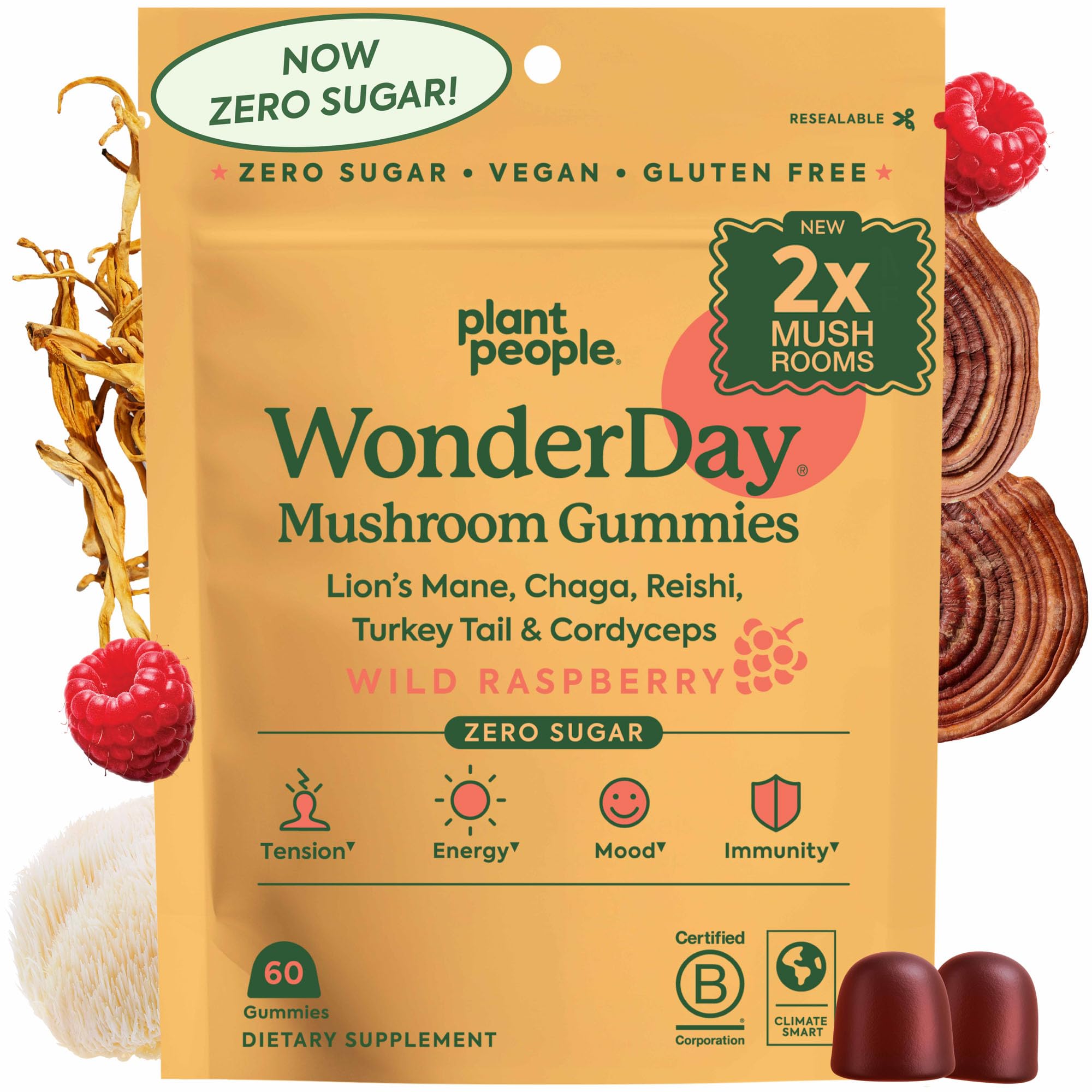 WonderDay Extra Strength Mushroom Gummies | Plant People – Sugar-Free, 60 Count
