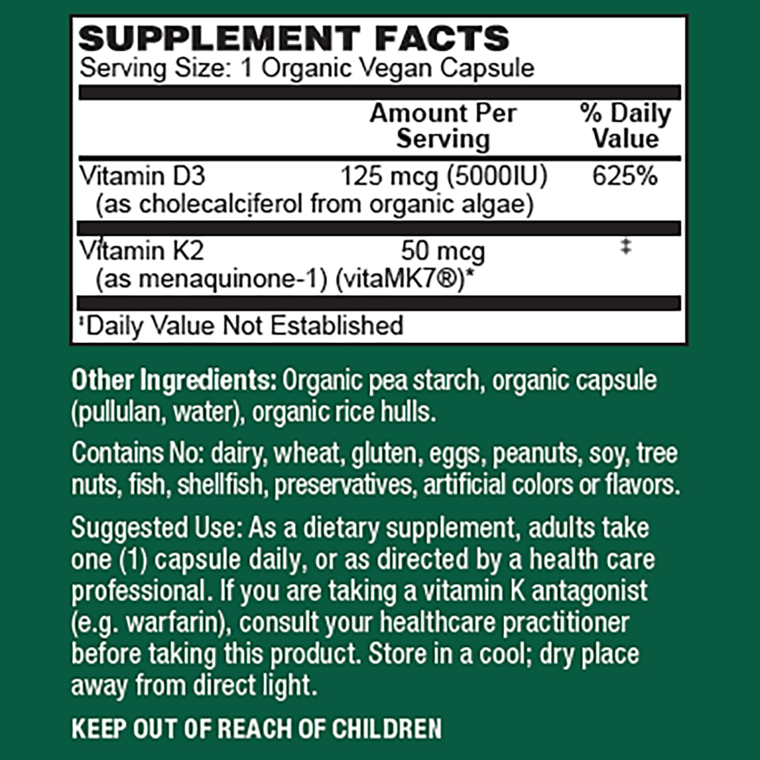 PlantFusion Organic Vegan Vitamin D3 + K2 5,000 IU | 60 Capsules | Immune Support & Bone Health
