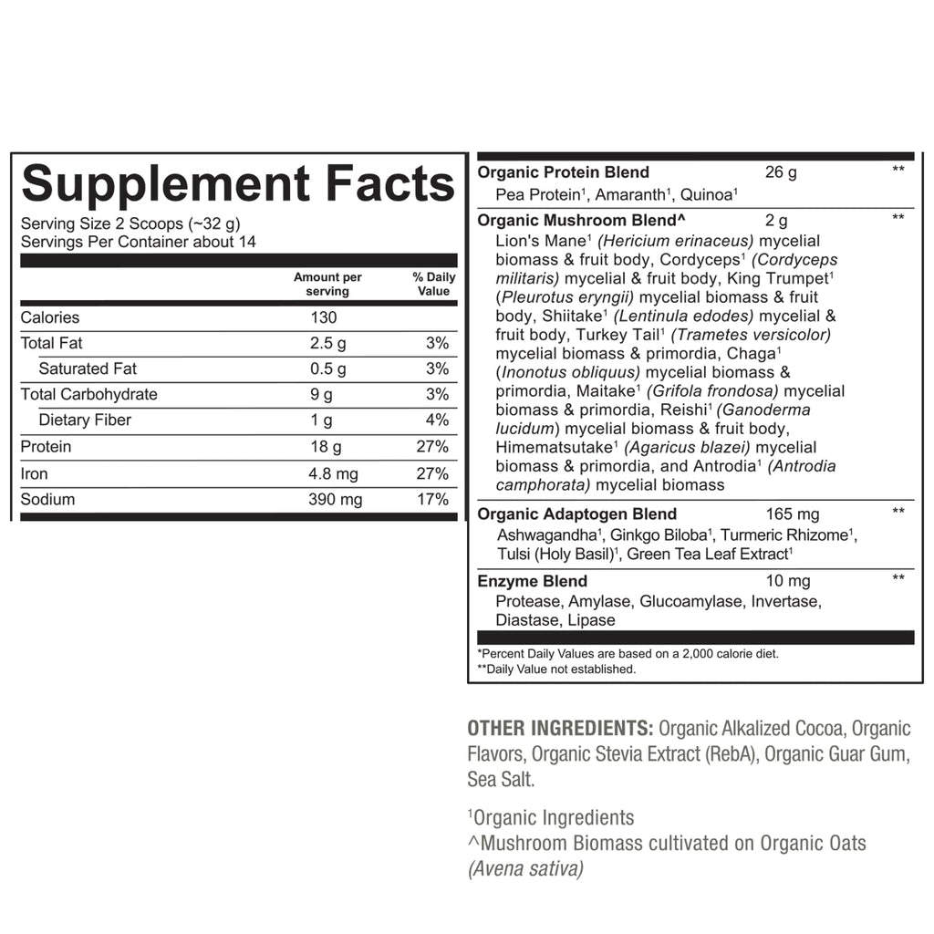 PlantFusion Mushroom Protein Powder – 3 in 1 Vegan Protein, Adaptogen, Chocolate 1lb