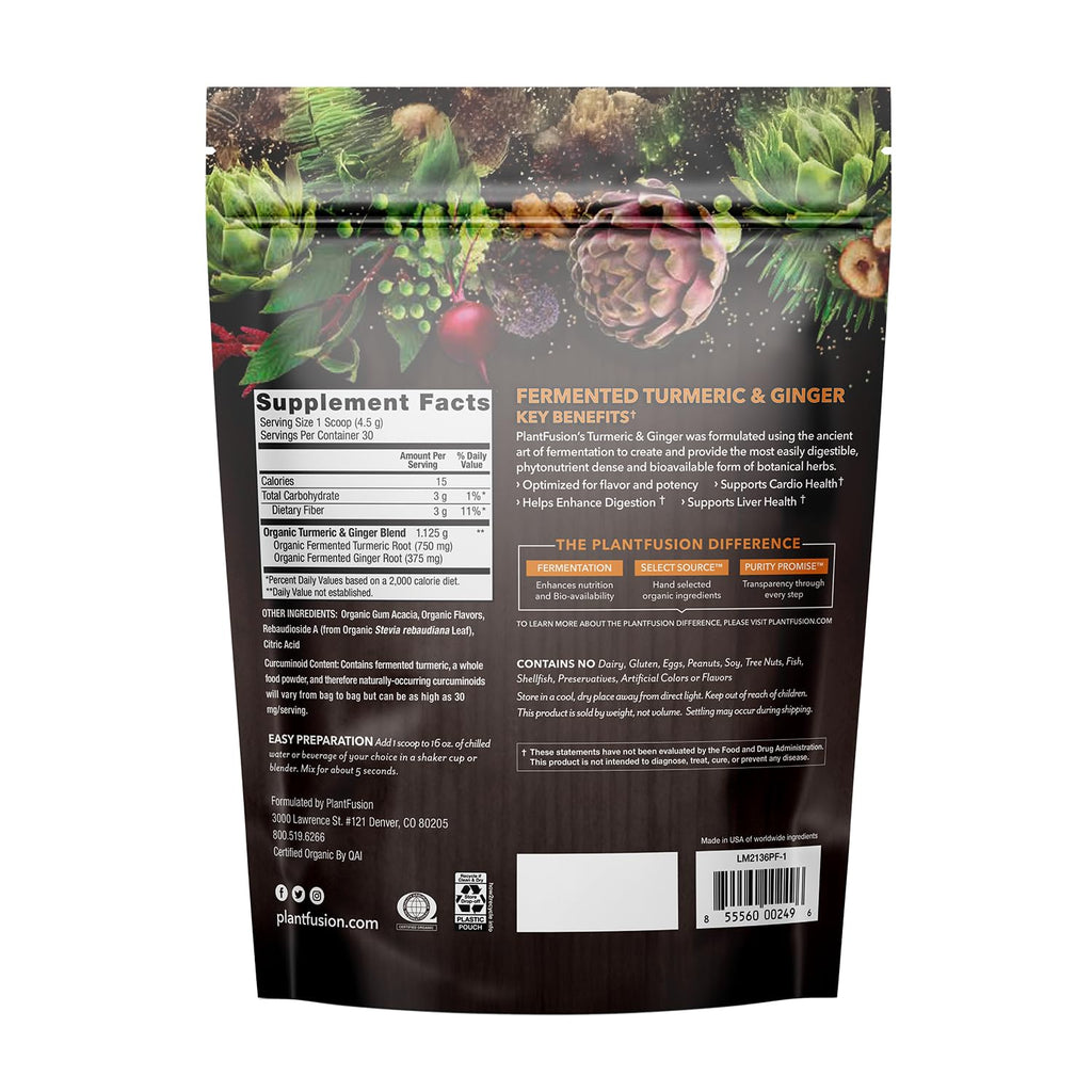 PlantFusion Turmeric & Ginger Drink Mix – Fermented Whole Food Nutrition, 4.76 oz, 30 Servings, USDA Organic