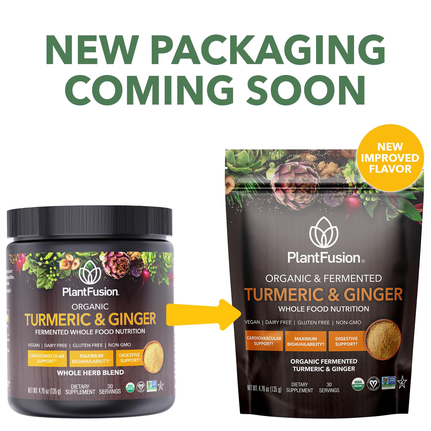 PlantFusion Turmeric & Ginger Drink Mix – Fermented Whole Food Nutrition, 4.76 oz, 30 Servings, USDA Organic