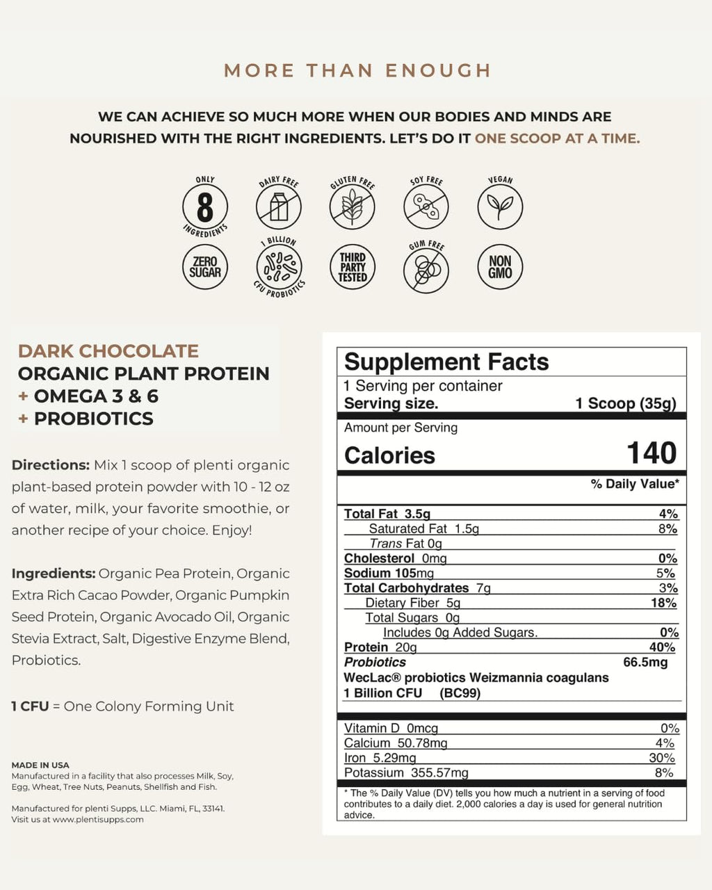 plenti Organic Plant-Based Protein Powder – Dark Chocolate, 27 Servings (2 lb) with 20g Pea Protein + Probiotics