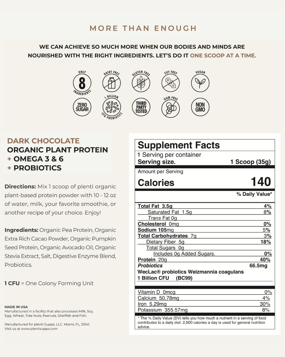 plenti Organic Plant-Based Protein Powder – Dark Chocolate, 27 Servings (2 lb) with 20g Pea Protein + Probiotics