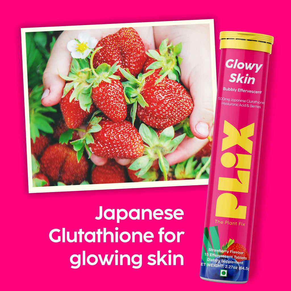 PLIX Glowy Skin 500mg Glutathione | Hyaluronic Acid, Vitamin C & Berries | 60 Effervescent Tablets – Strawberry