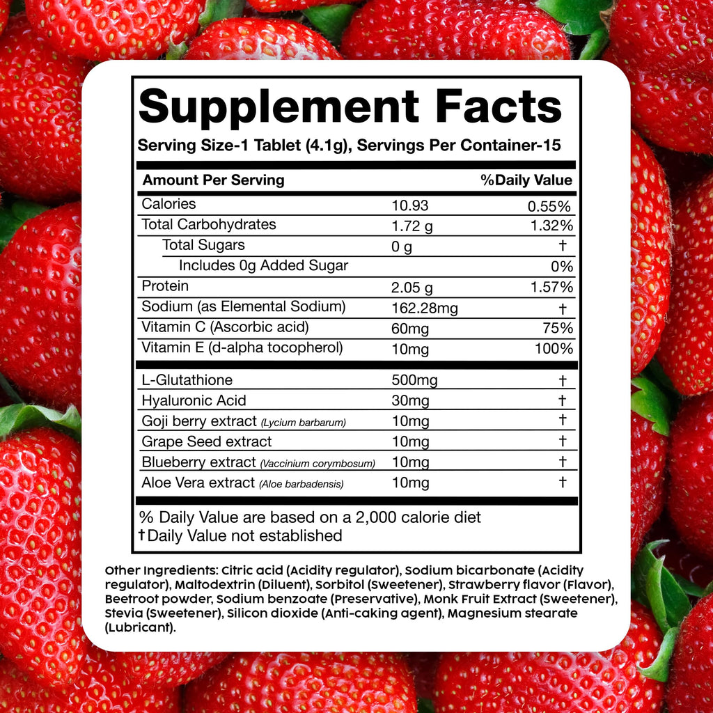 PLIX Glowy Skin 500mg Glutathione Supplement with Hyaluronic Acid, Vitamin C, E & Berries | 90 Effervescent Tablets, Strawberry Flavor
