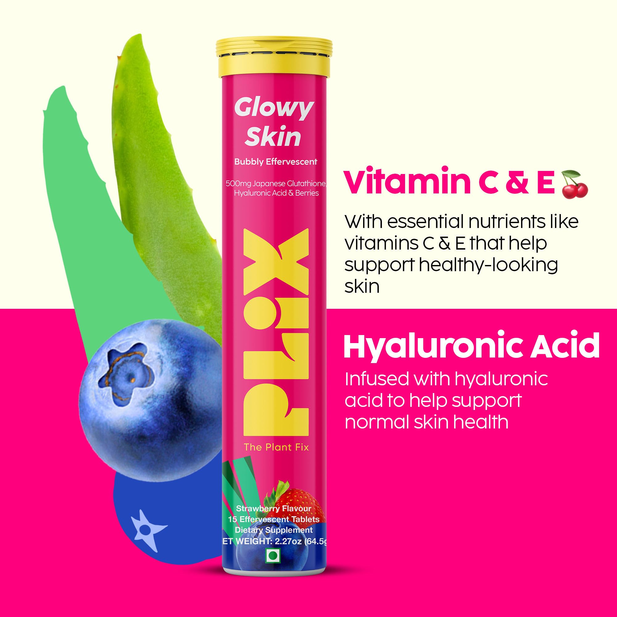 PLIX Glowy Skin 500mg Glutathione | Hyaluronic Acid, Vitamin C & Berries | 60 Effervescent Tablets – Strawberry