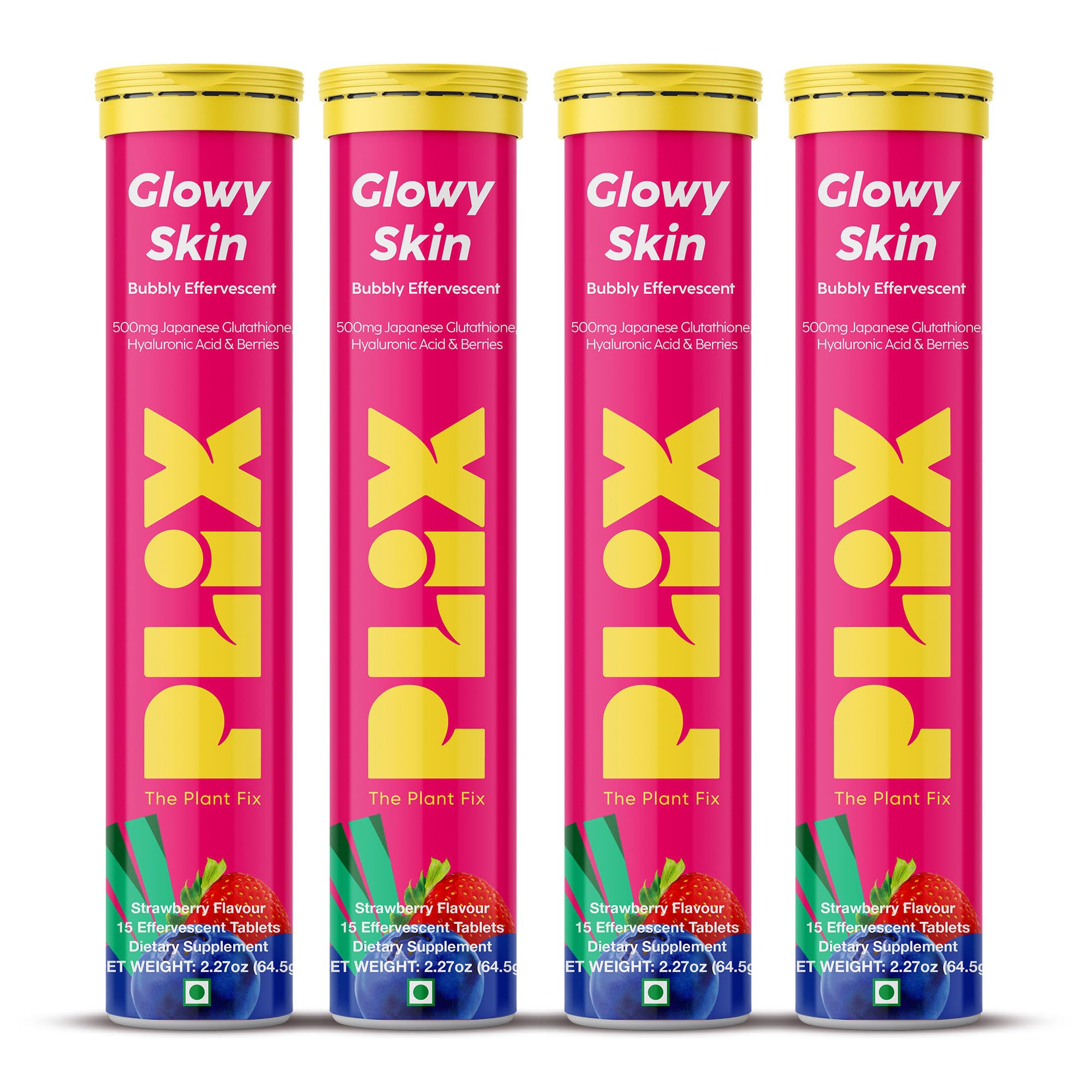PLIX Glowy Skin 500mg Glutathione | Hyaluronic Acid, Vitamin C & Berries | 60 Effervescent Tablets – Strawberry