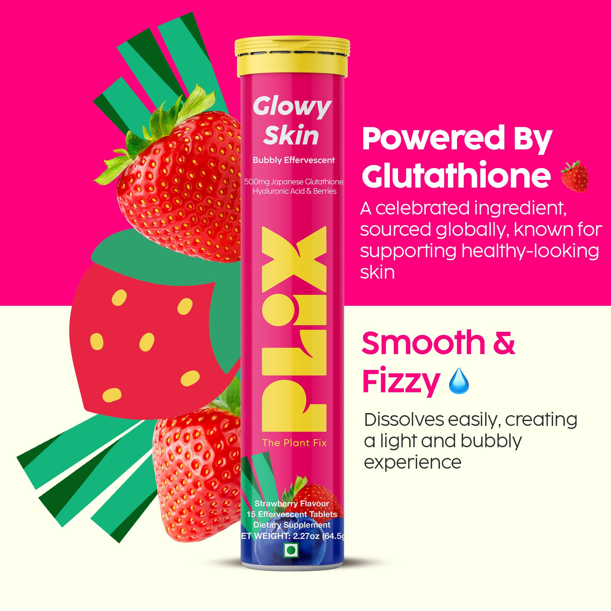 PLIX Glowy Skin 500mg Glutathione Supplement with Hyaluronic Acid, Vitamin C, E & Berries | 90 Effervescent Tablets, Strawberry Flavor