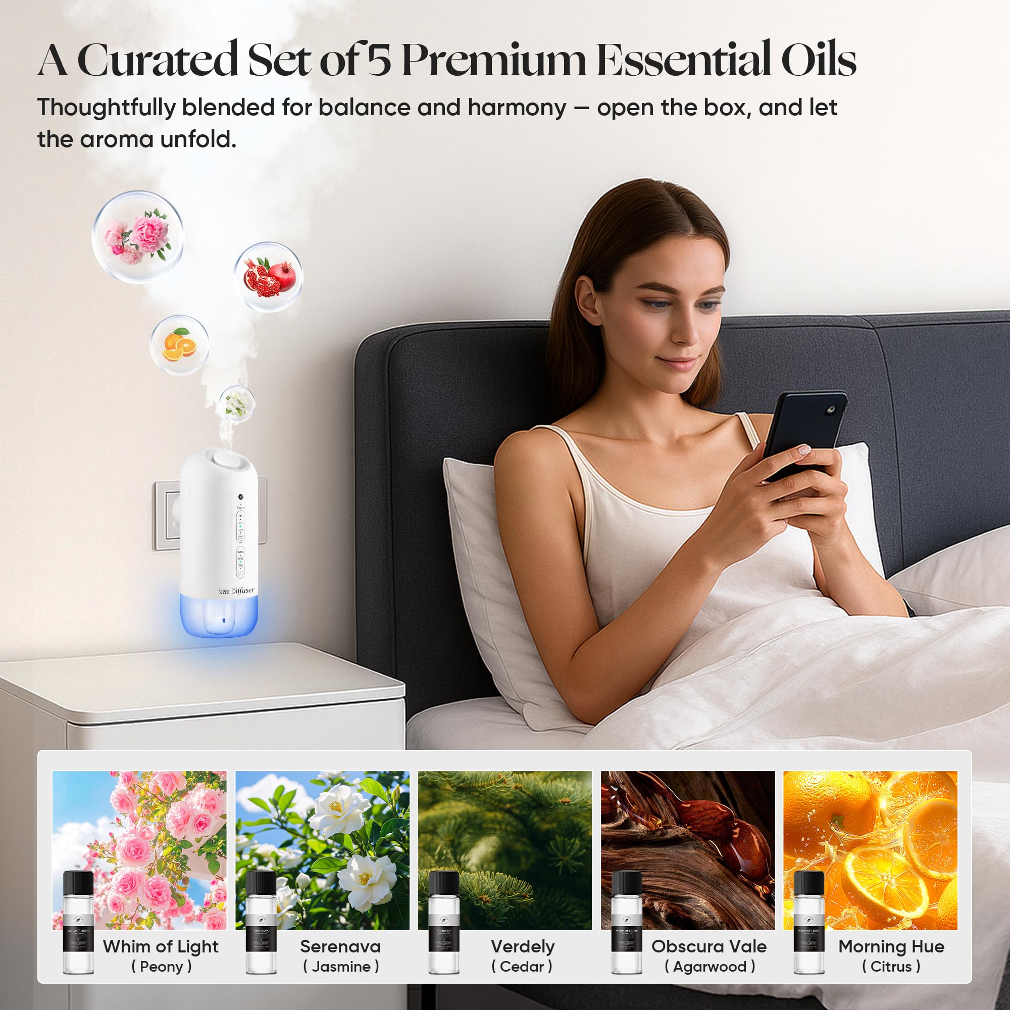 Plug-in Waterless Diffuser Starter Kit – 5 Oils, 700 sq ft Coverage, White