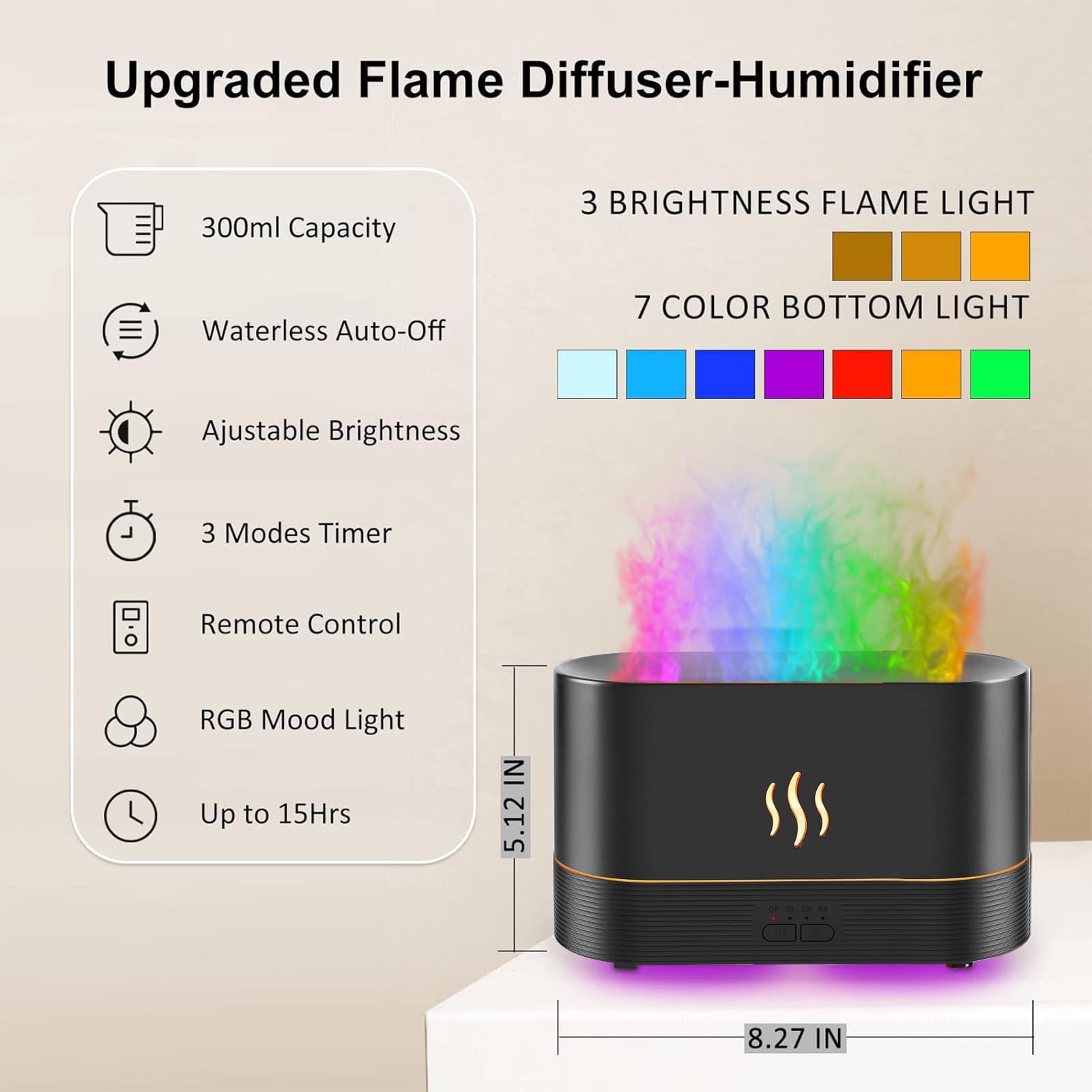 PLUWEL Colorful Flame Diffuser 300ML – Large Room Essential Oil Diffuser with Remote, Night Lights, Timer