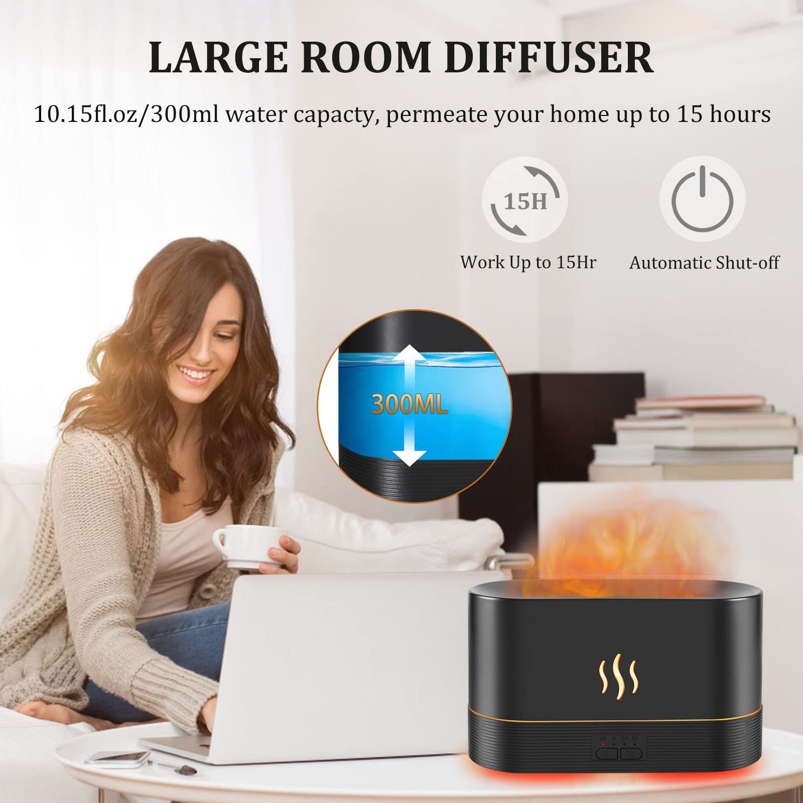 PLUWEL Colorful Flame Diffuser 300ML – Large Room Essential Oil Diffuser with Remote, Night Lights, Timer