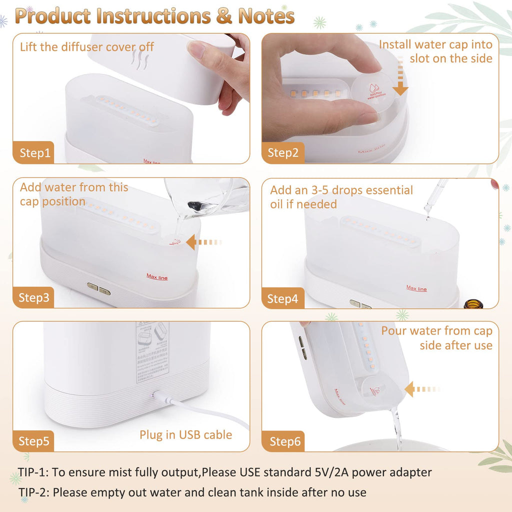 PLUWEL Flame Diffuser Humidifier – Auto Off, 180ml, Realistic Flame LED, 2 Brightness Modes