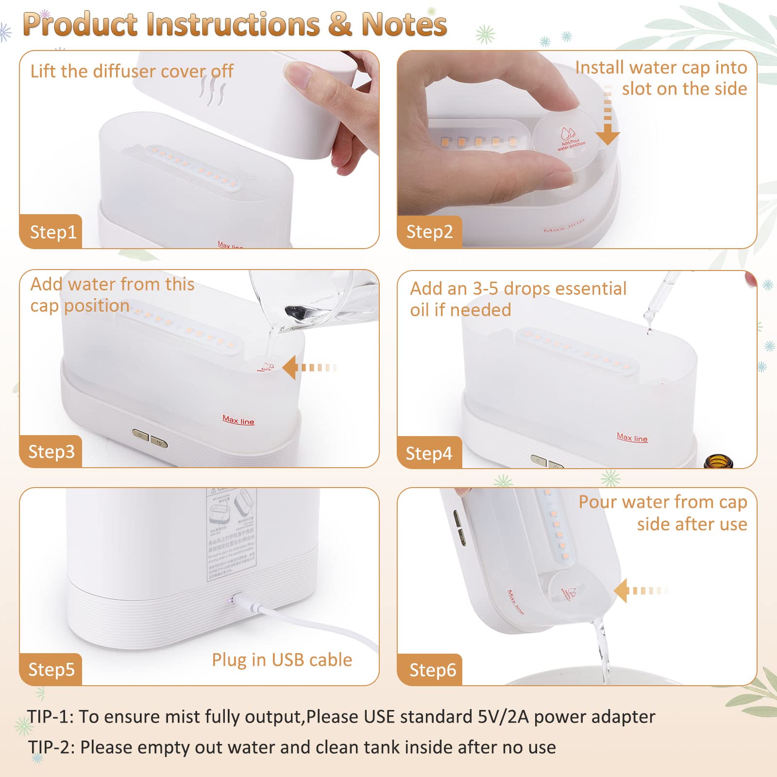 PLUWEL Flame Diffuser Humidifier – Auto Off, 180ml, Realistic Flame LED, 2 Brightness Modes