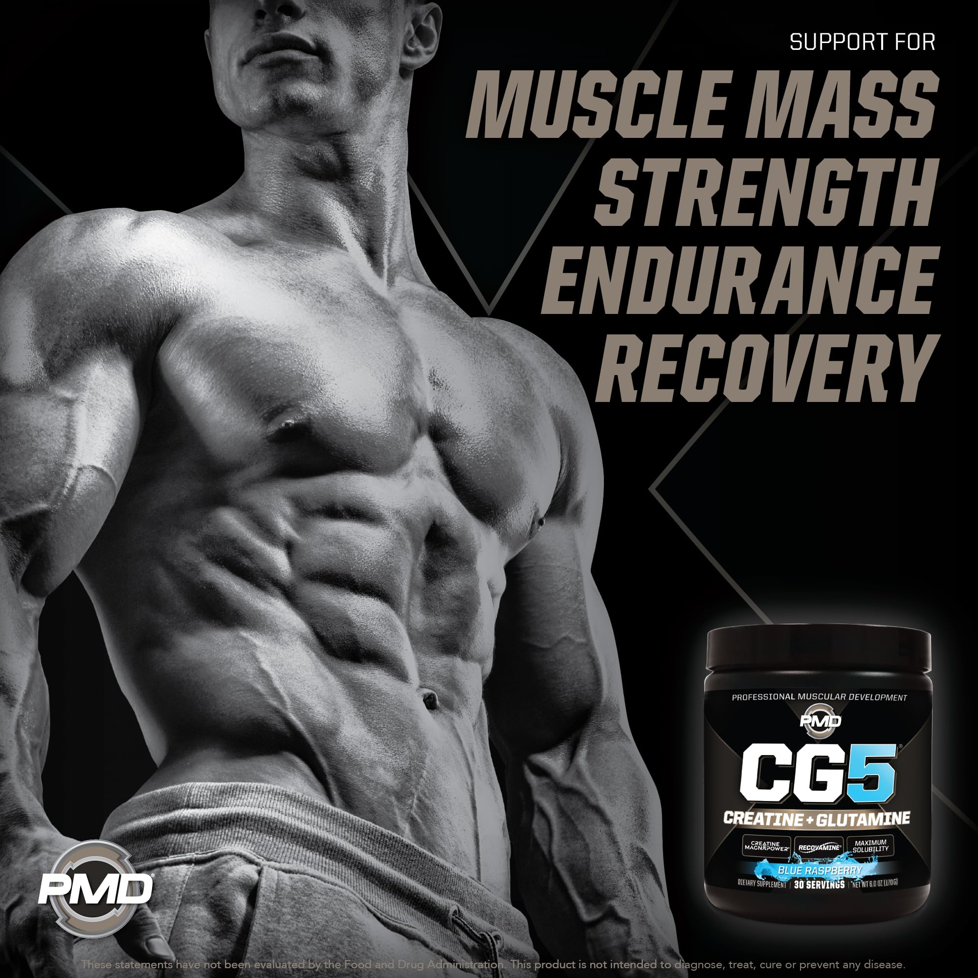 PMD Sports CG5 - Premium Creatine & L-Glutamine Powder for Maximum Strength, Recovery & Lean Muscle - Pre & Post Workout - Blue Raspberry (30 Serv)