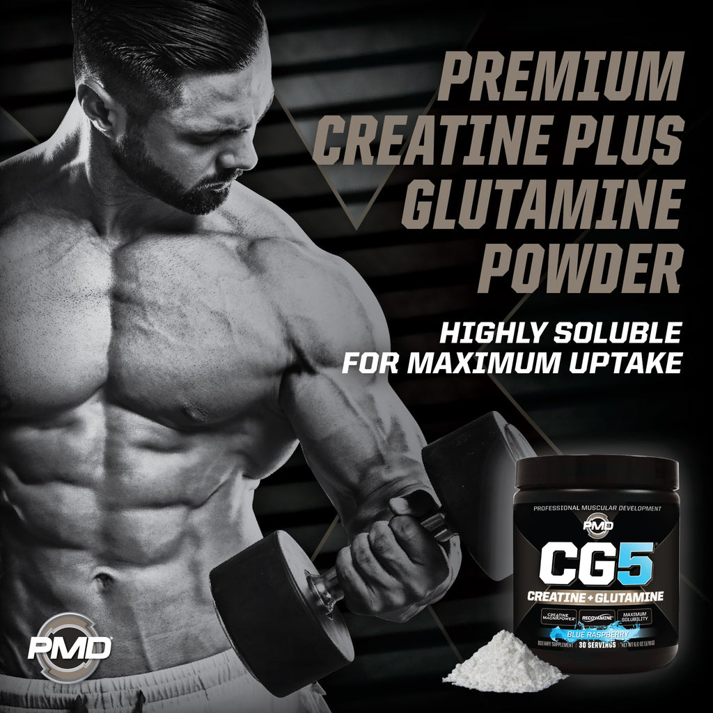 PMD Sports CG5 - Premium Creatine & L-Glutamine Powder for Maximum Strength, Recovery & Lean Muscle - Pre & Post Workout - Blue Raspberry (30 Serv)