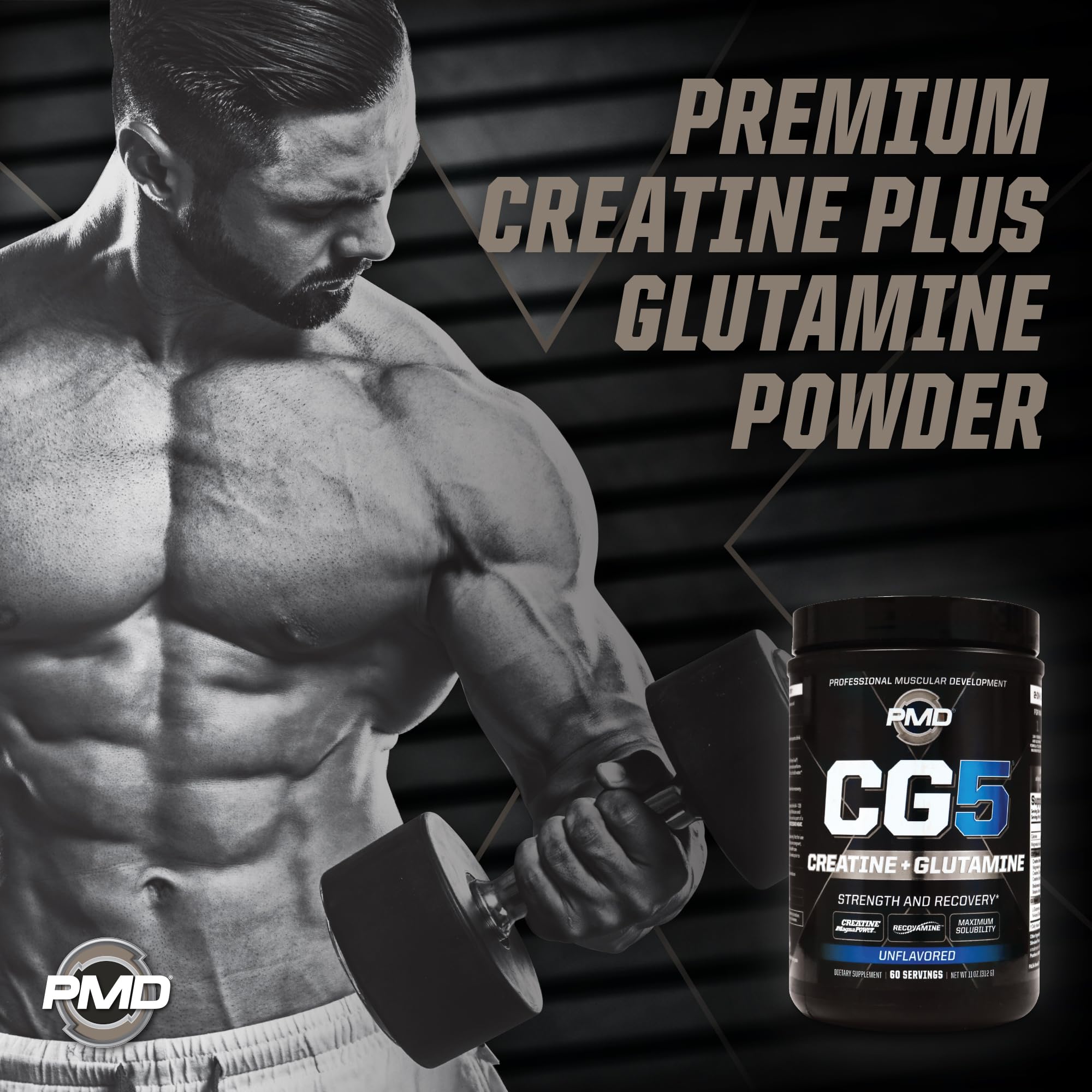 PMD CG5 Premium Creatine & L-Glutamine Powder – Pre & Post Workout Support, Unflavored, 60 Servings