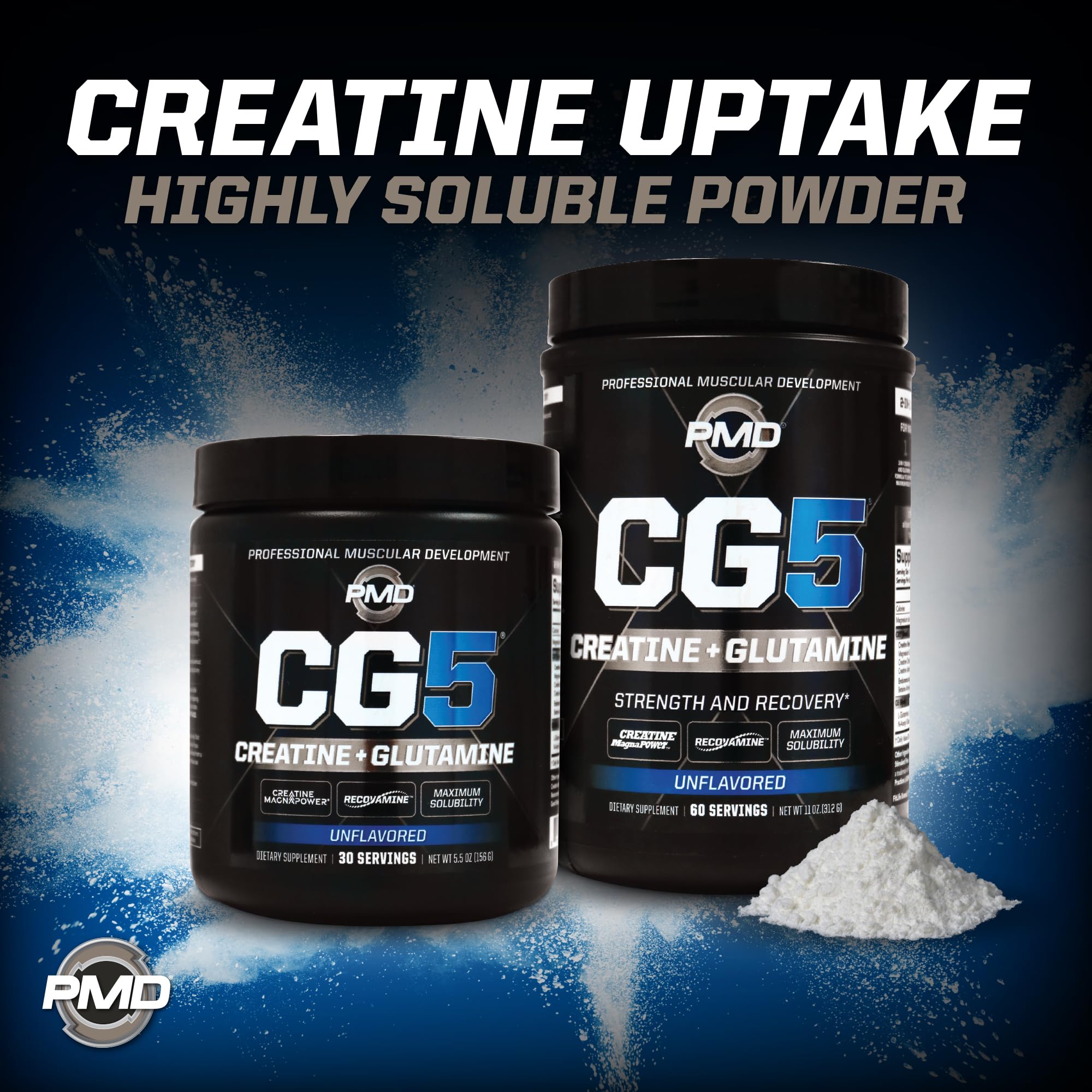 PMD CG5 Premium Creatine & L-Glutamine Powder – Pre & Post Workout Support, Unflavored, 60 Servings