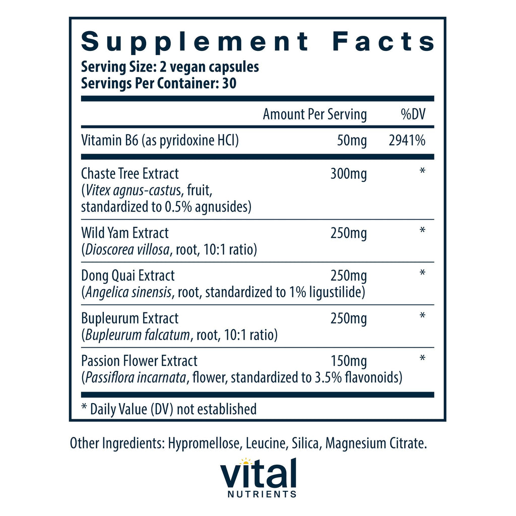 Vital Nutrients PMS Support - Vitex Berry & Passionflower, Vitamin B6, 60 Capsules