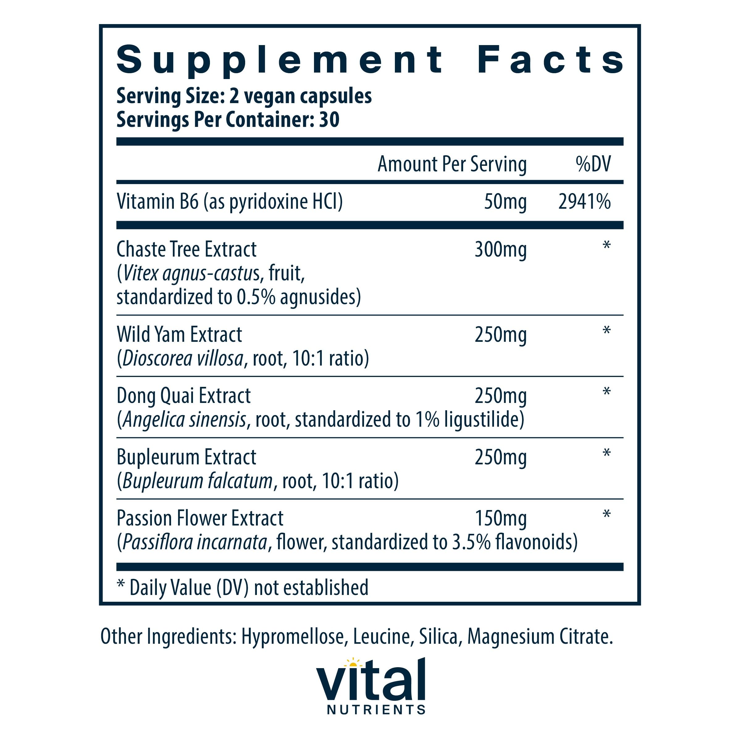 Vital Nutrients PMS Support - Vitex Berry & Passionflower, Vitamin B6, 60 Capsules