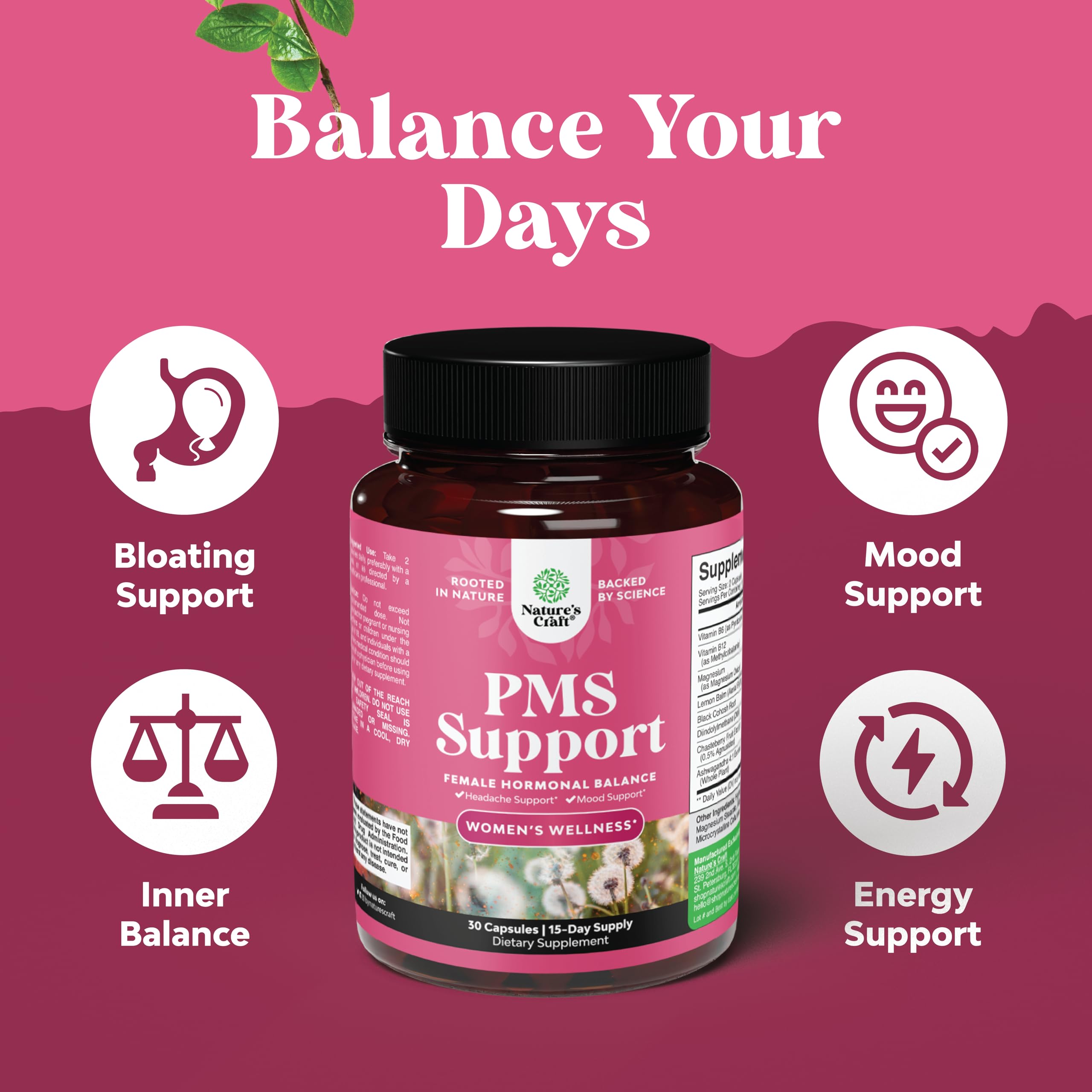 PMS Support for Women – Hormone Balance & Menstrual Comfort (DIM, Chasteberry, Black Cohosh) – 30 Count