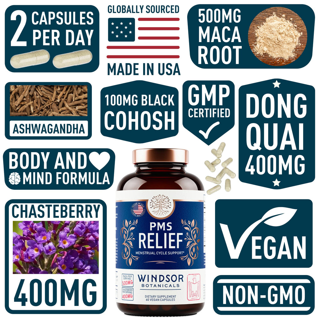 PMS Support Supplement for Women | Chasteberry, Maca & Ashwagandha | Mood & Hormone Balance | 60 Vegan Capsules