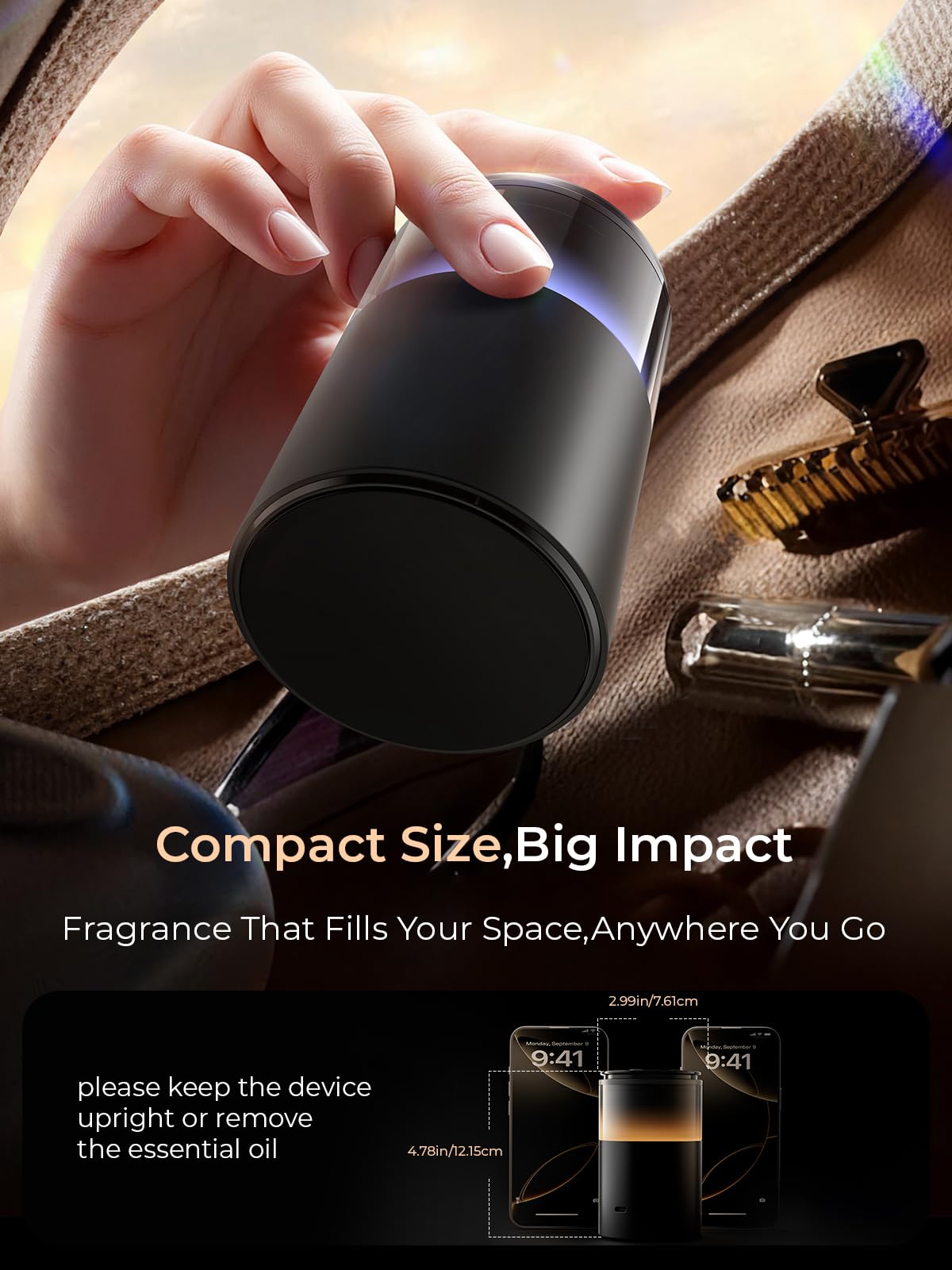 Pmsusoow Waterless Diffuser – Battery Mini Scent Diffuser with 8-Color LED (Deep Black)