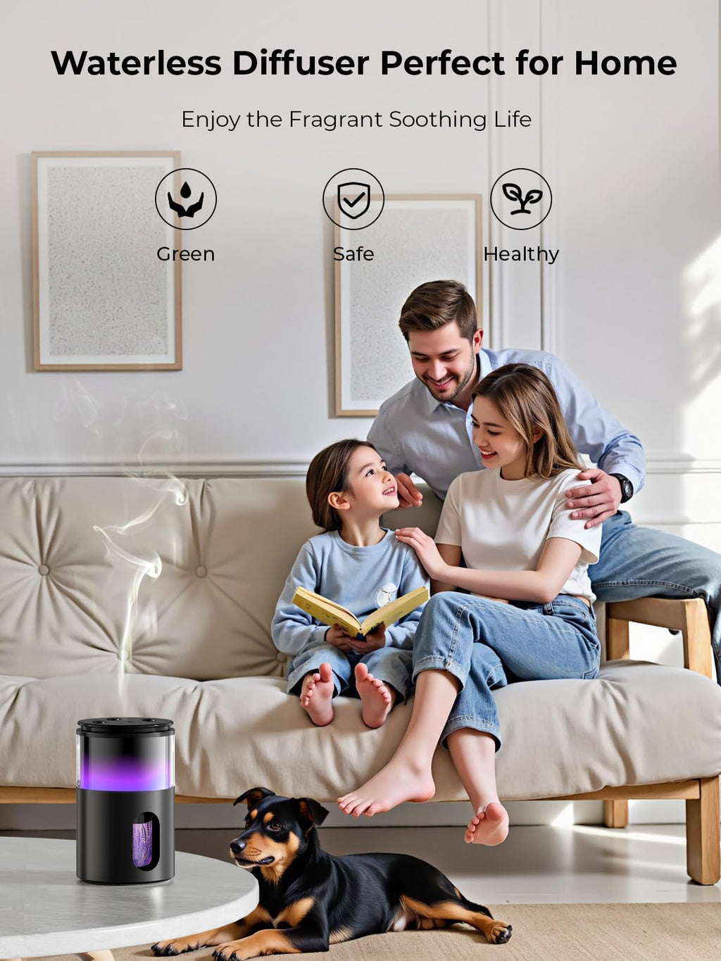 Pmsusoow Waterless Diffuser – Battery Mini Scent Diffuser with 8-Color LED (Deep Black)