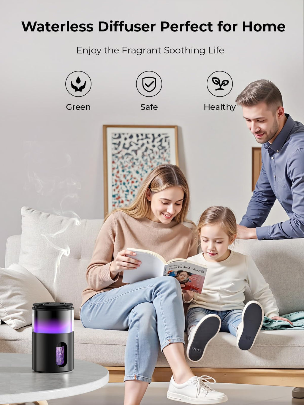 Pmsusoow Waterless Diffuser - Mini Battery Essential Oil Diffuser, 9-Color LED, Obsidian Black
