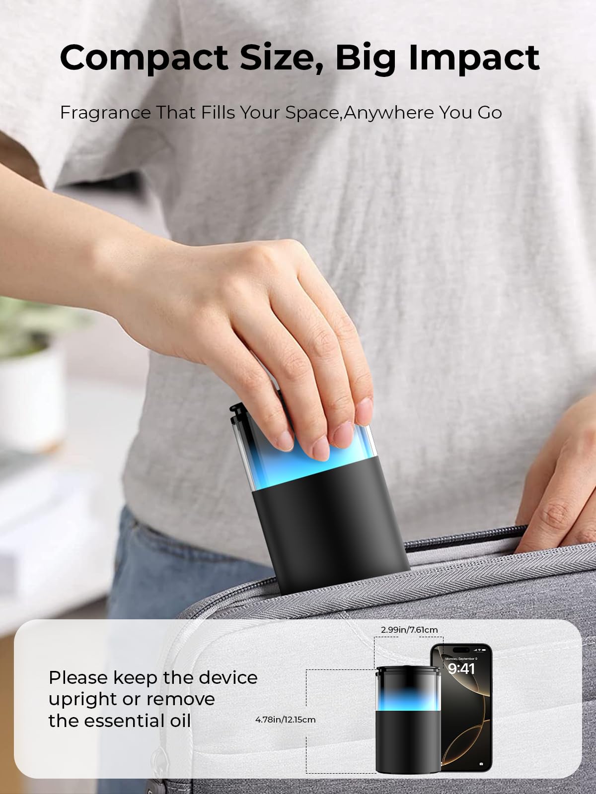 Pmsusoow Waterless Diffuser - Mini Battery Essential Oil Diffuser, 9-Color LED, Obsidian Black