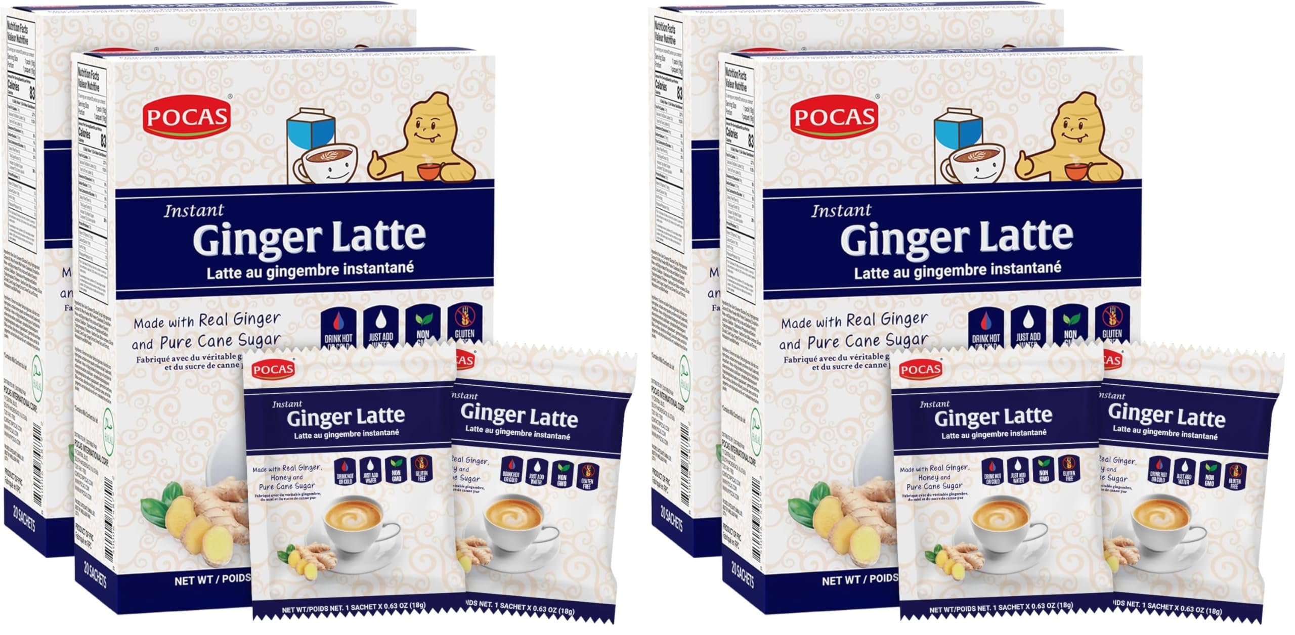 POCAS Ginger Latte Instant Tea 4-Pack - Ginger Extract, Non-Dairy Creamer