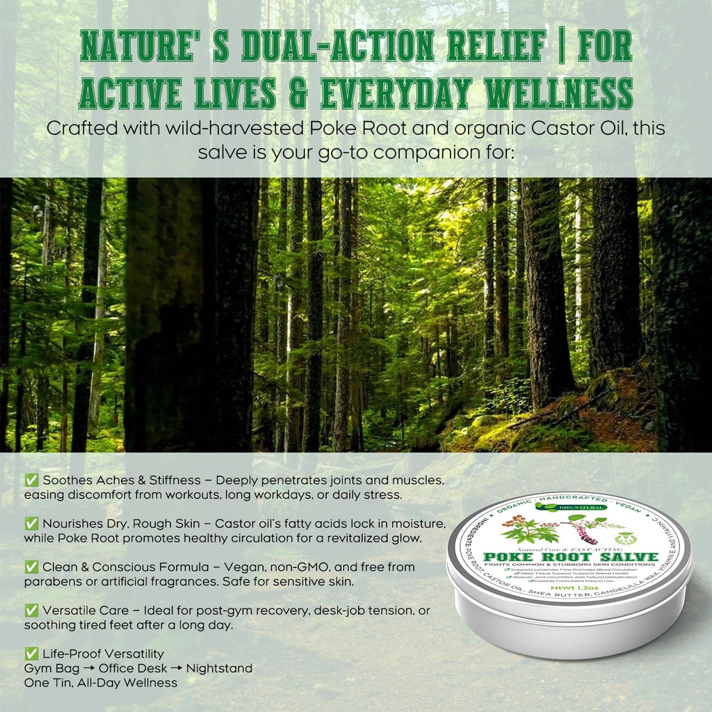 Poke Root & Castor Oil Salve | Organic Soothing Balm for Skin, Massage & Joint Support | Vegan, 1.2oz