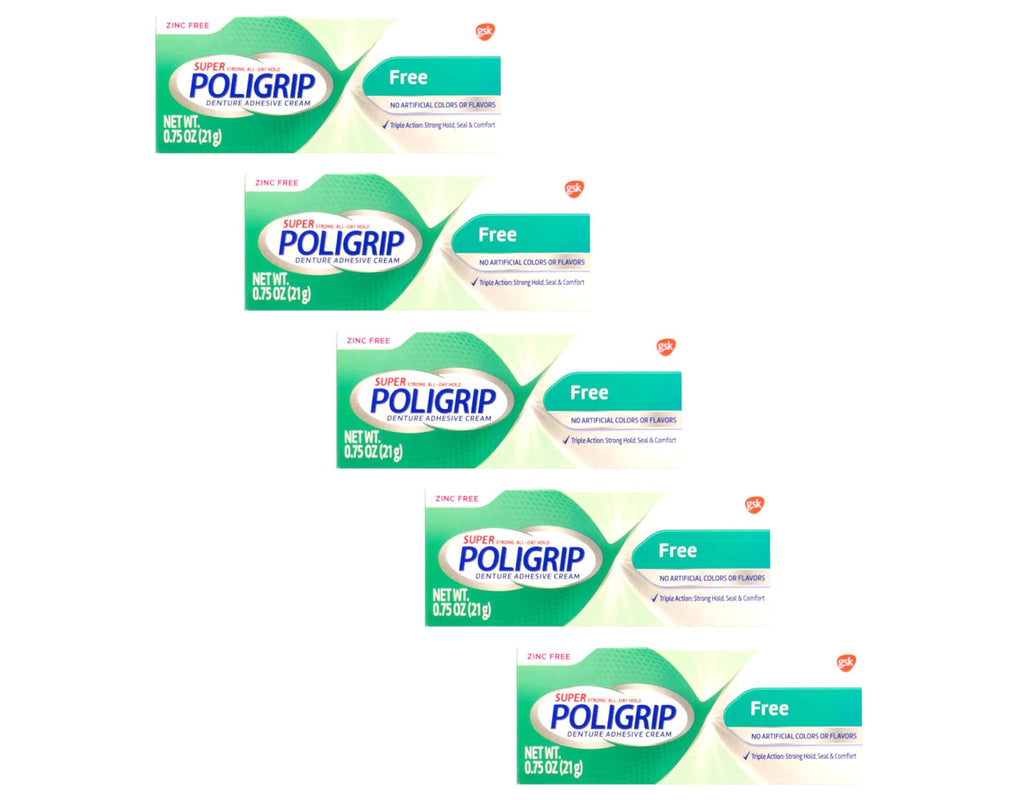 Poligrip 5-Pack Denture Adhesive Cream – Strong All-Day Hold, Zinc Free, 0.75 oz Each