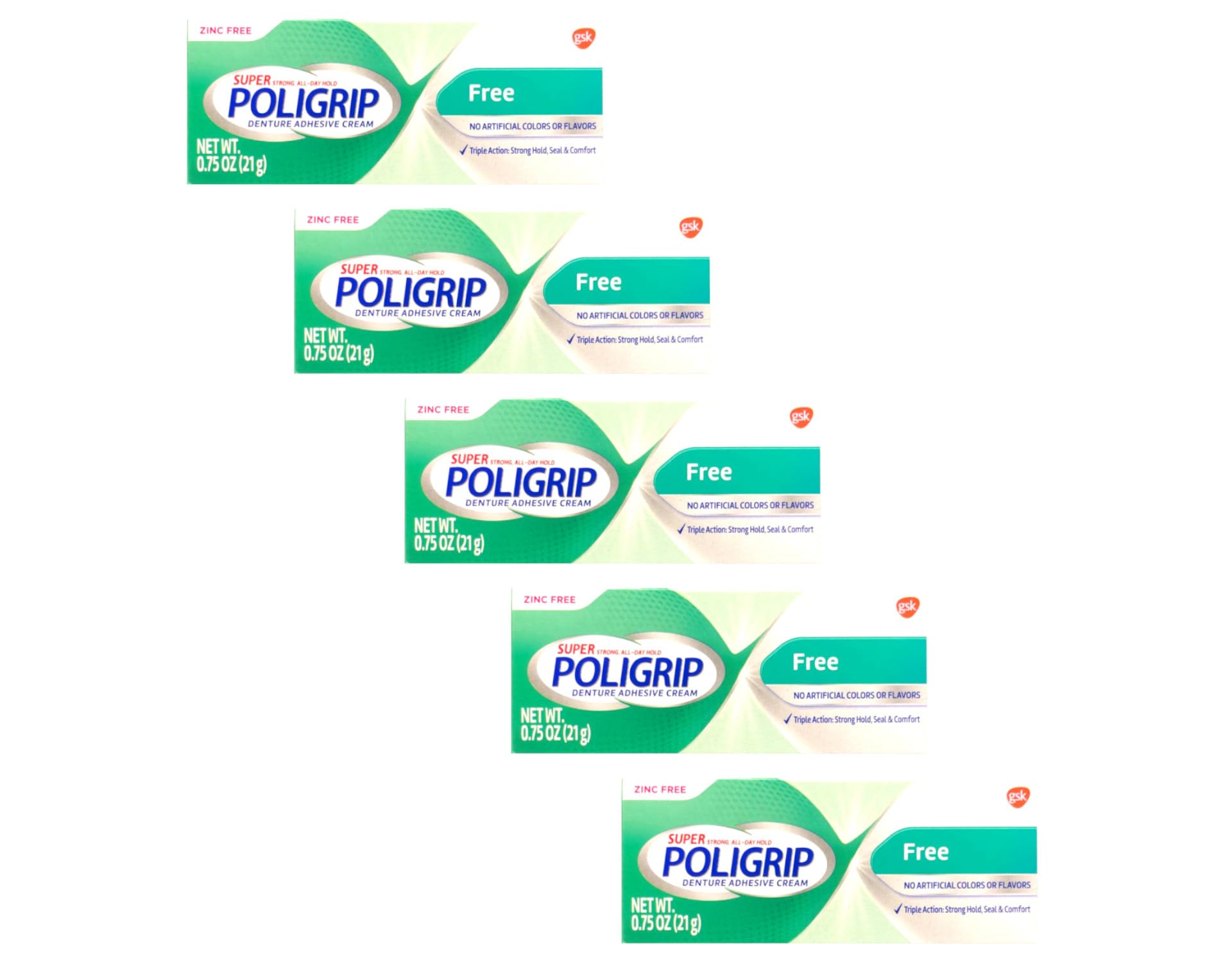 Poligrip 5-Pack Denture Adhesive Cream – Strong All-Day Hold, Zinc Free, 0.75 oz Each